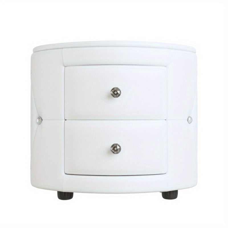 Elegant PU Nightstand with 2 Drawers and Crystal Handle, Fully Assembled Except Legs&Handles, Storage Bedside Table - White