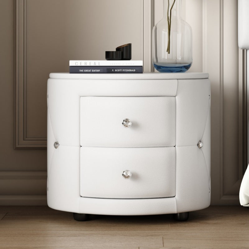 Elegant PU Nightstand with 2 Drawers and Crystal Handle, Fully Assembled Except Legs&Handles, Storage Bedside Table - White