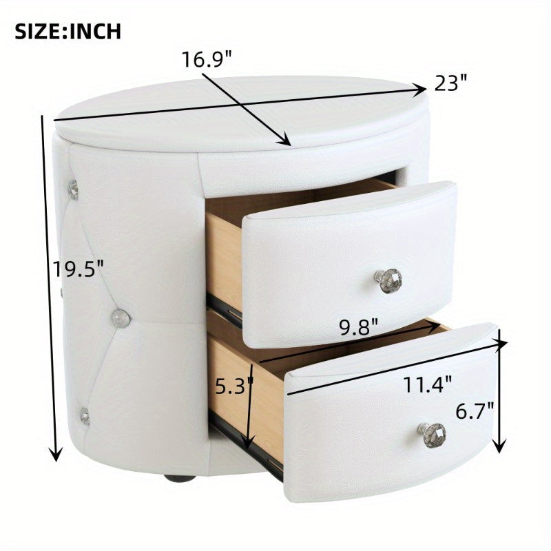 Elegant PU Nightstand with 2 Drawers and Crystal Handle, Fully Assembled Except Legs&Handles, Storage Bedside Table - White