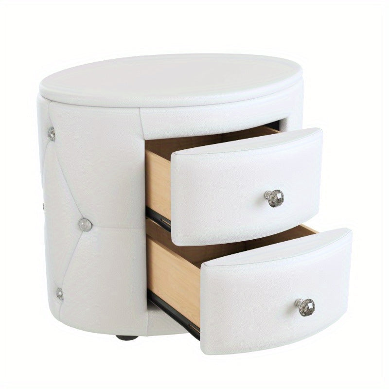 Elegant PU Nightstand with 2 Drawers and Crystal Handle, Fully Assembled Except Legs&Handles, Storage Bedside Table - White