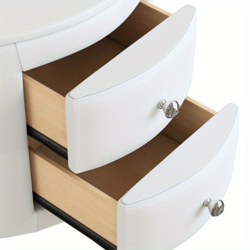 Elegant PU Nightstand with 2 Drawers and Crystal Handle, Fully Assembled Except Legs&Handles, Storage Bedside Table - White