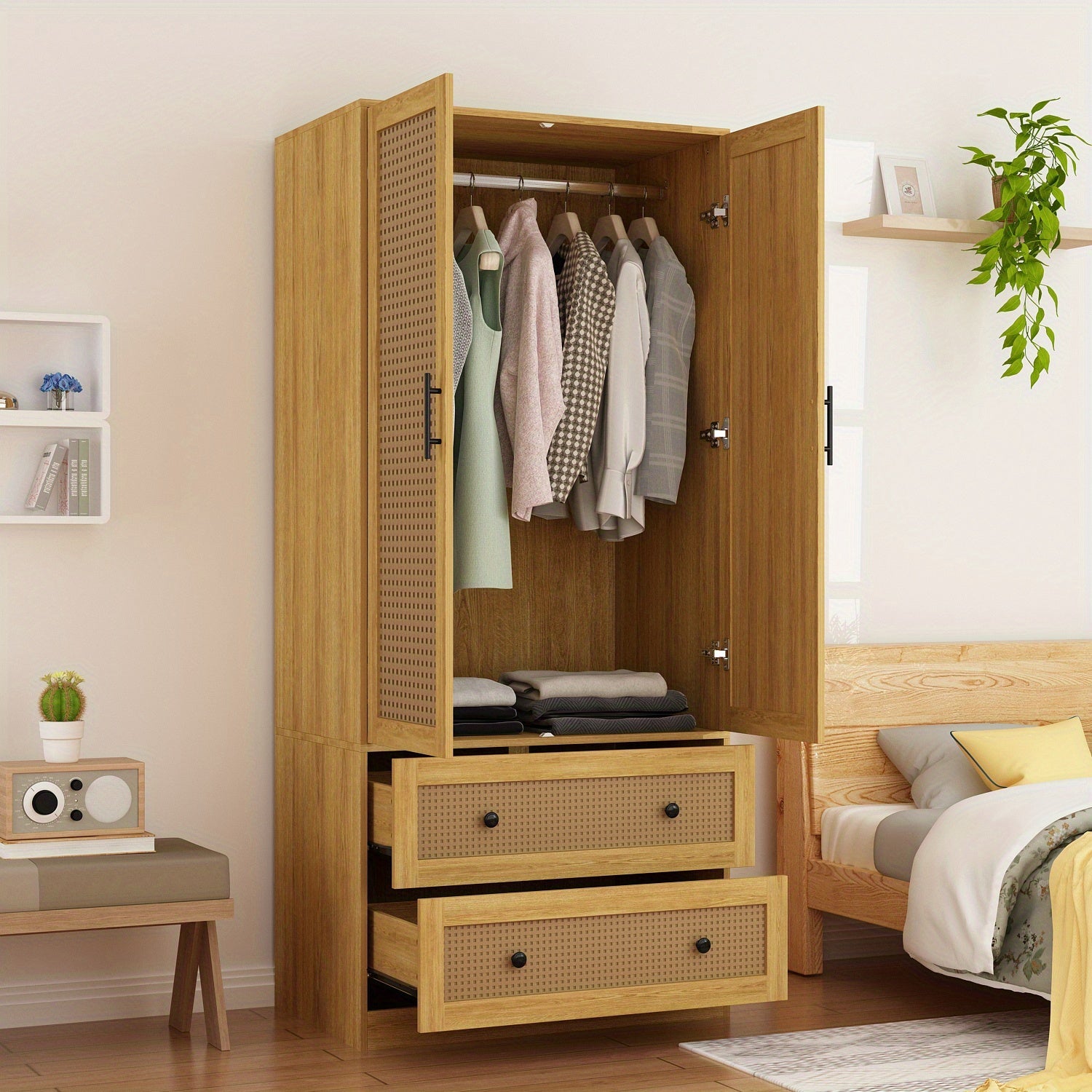 Wardrobe Closet Armoire with Rattan Doors, 2 Drawers, Storage Shelf, and Hanging Rod, Wooden Clothes Storage Cabinet for Bedroom, Light Brown