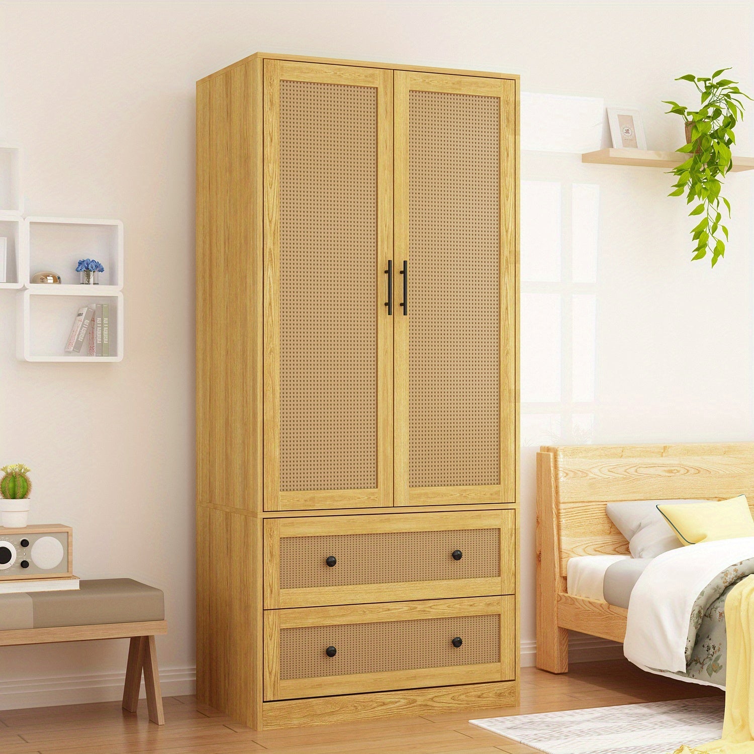 Wardrobe Closet Armoire with Rattan Doors, 2 Drawers, Storage Shelf, and Hanging Rod, Wooden Clothes Storage Cabinet for Bedroom, Light Brown