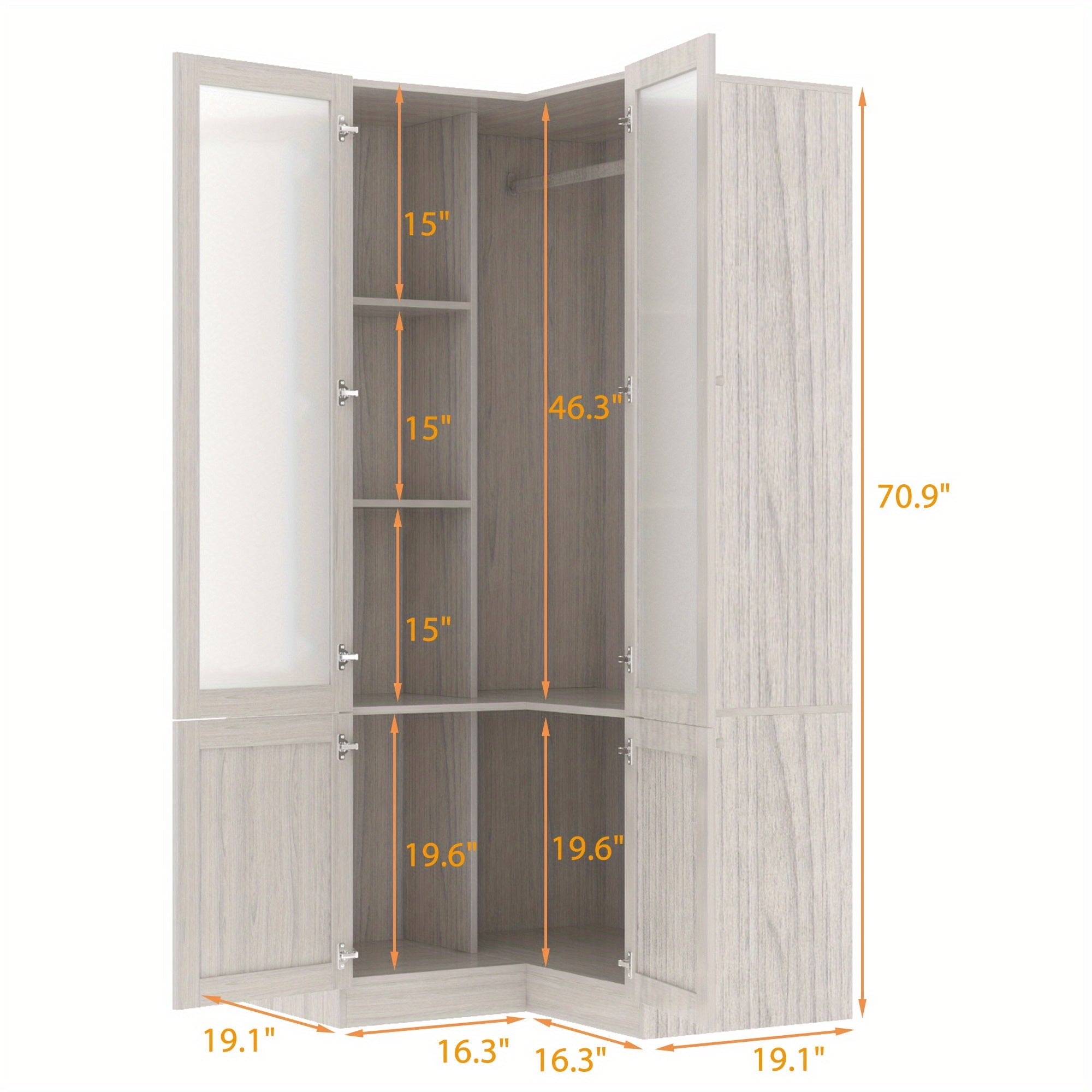 1pc Modern L-Shaped Armoire Wardrobe Closet With Frosted Glass Doors, Hanging Bar, And Shelves, Wooden Storage Cabinet For Bedroom