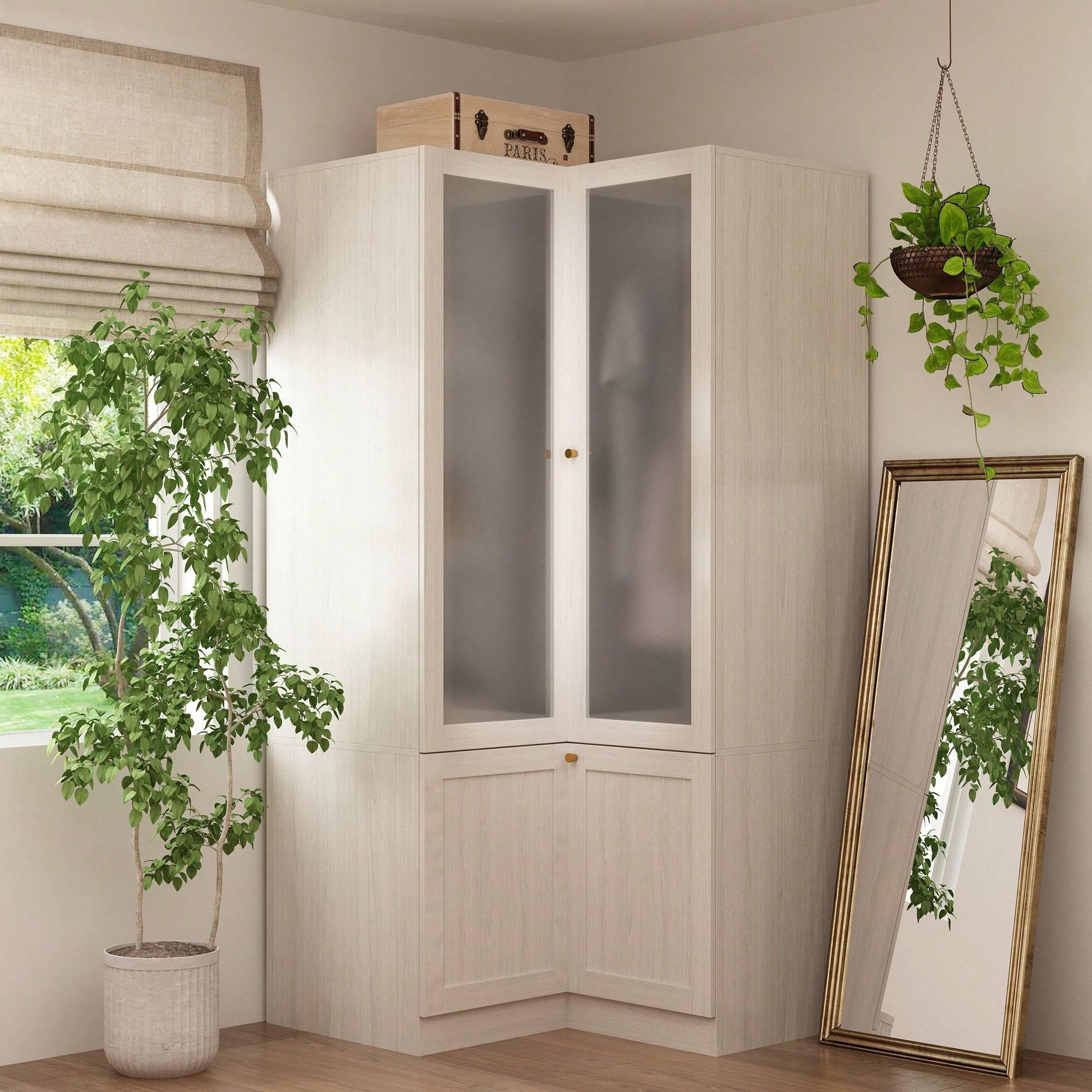 1pc Modern L-Shaped Armoire Wardrobe Closet With Frosted Glass Doors Hanging Bar And Shelves Wooden Storage Cabinet