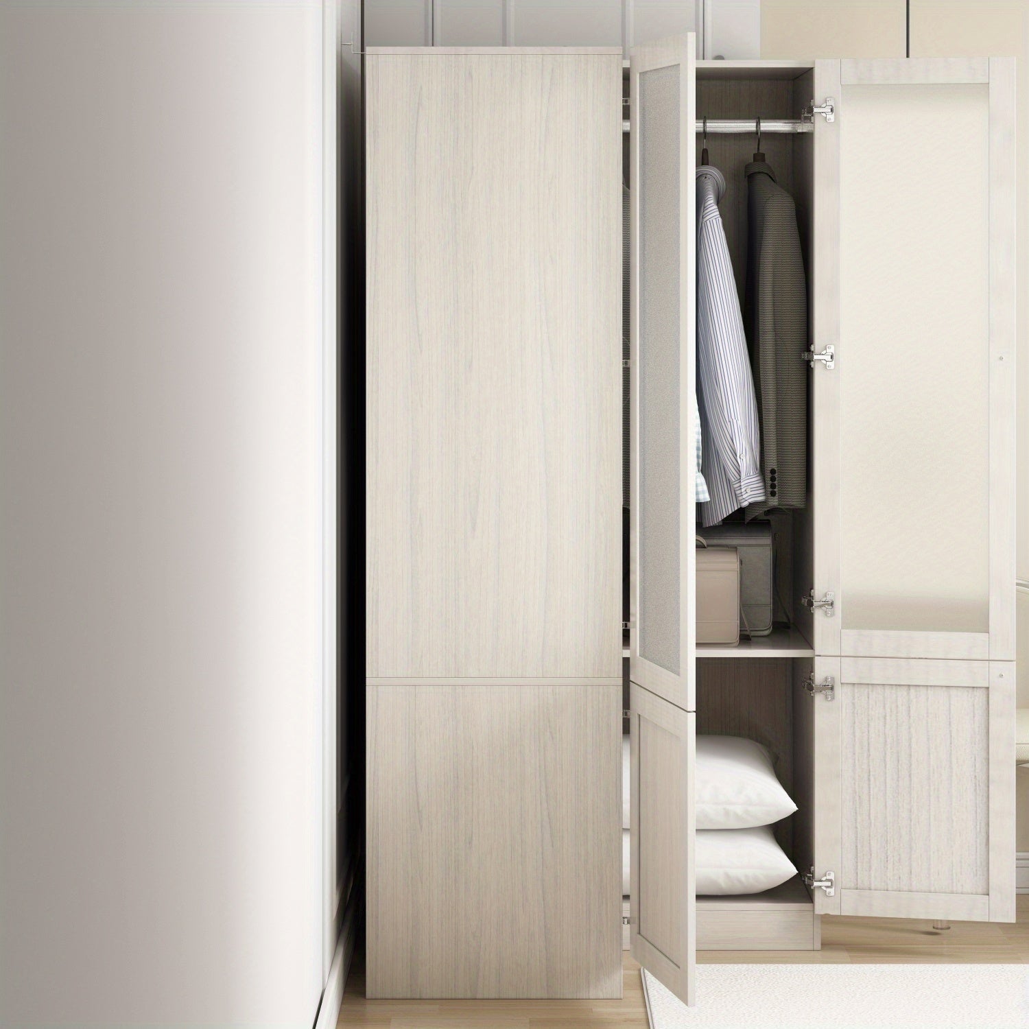 1pc Modern L-Shaped Armoire Wardrobe Closet With Frosted Glass Doors, Hanging Bar, And Shelves, Wooden Storage Cabinet For Bedroom