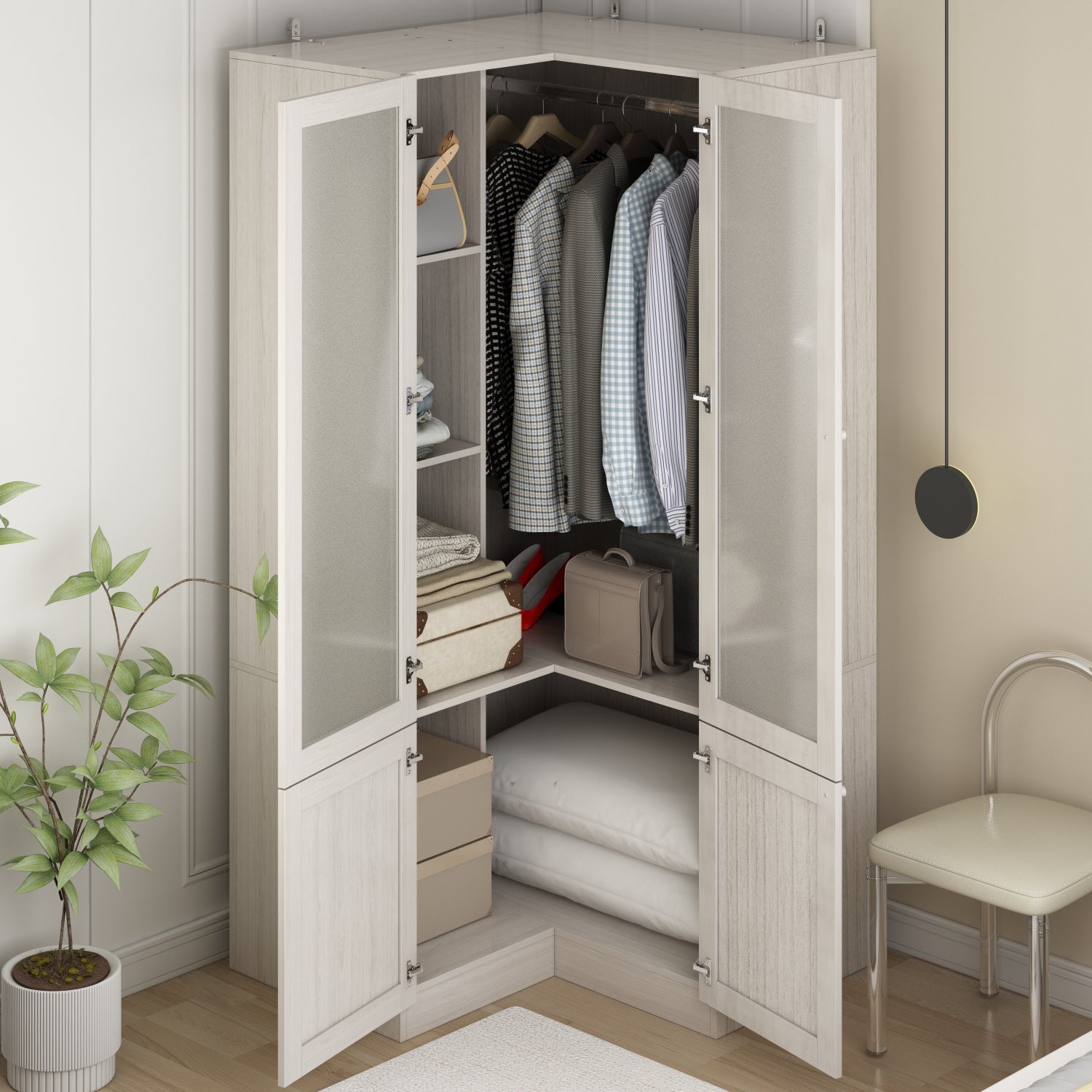 1pc Modern L-Shaped Armoire Wardrobe Closet With Frosted Glass Doors, Hanging Bar, And Shelves, Wooden Storage Cabinet For Bedroom