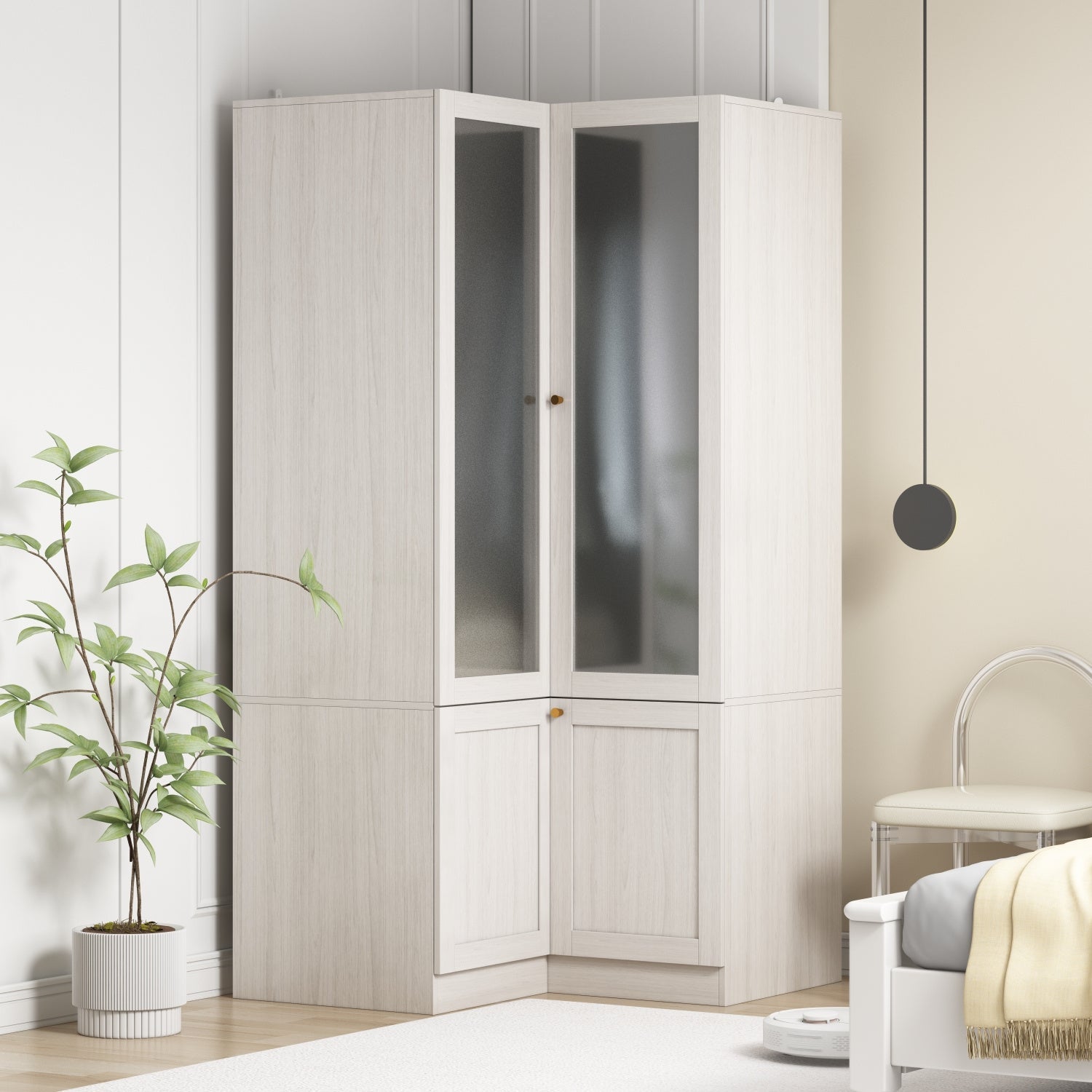 1pc Modern L-Shaped Armoire Wardrobe Closet With Frosted Glass Doors, Hanging Bar, And Shelves, Wooden Storage Cabinet For Bedroom