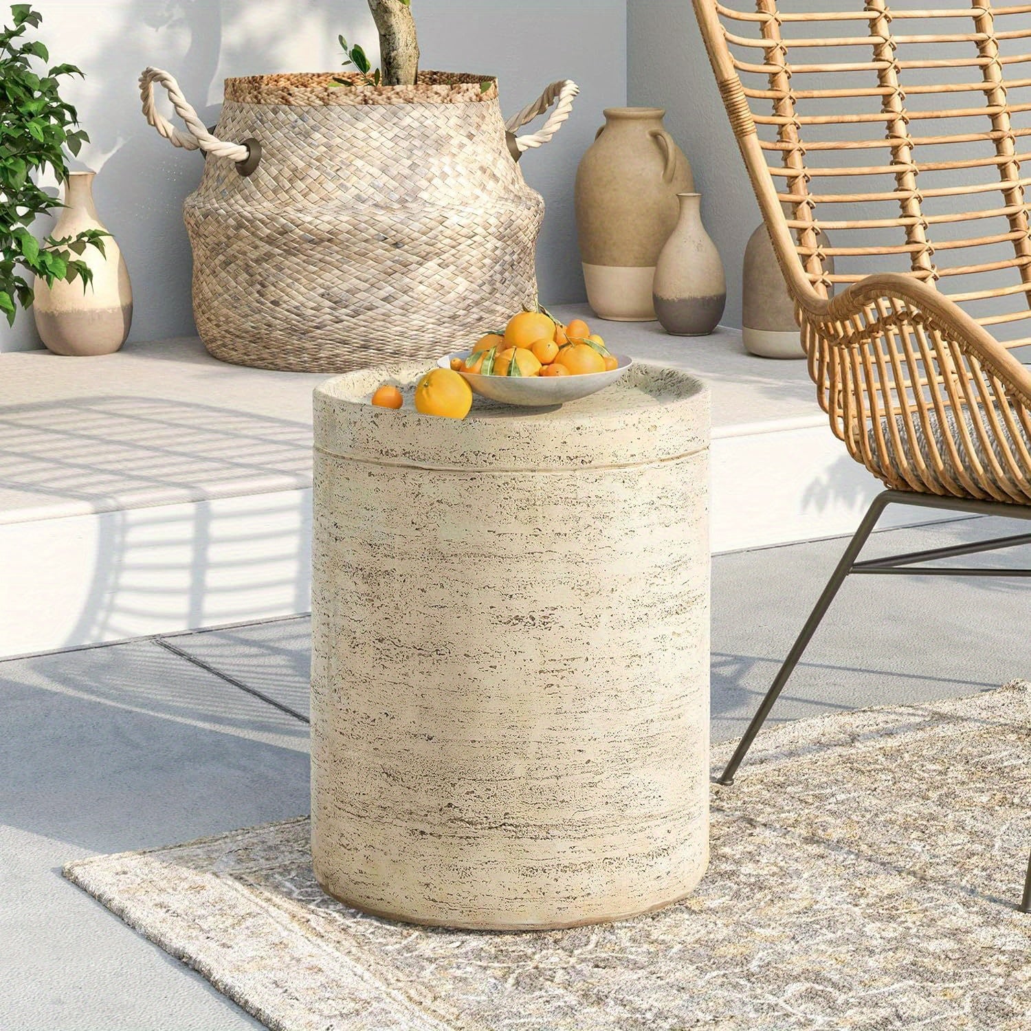 Concrete Side Table, Outdoor Side Table For Patio, 14" Outdoor Accent Table Patio Round Side Table End Table, Ceramic Side Table Garden Stool Log Table, Christmas Holiday Decoration Table