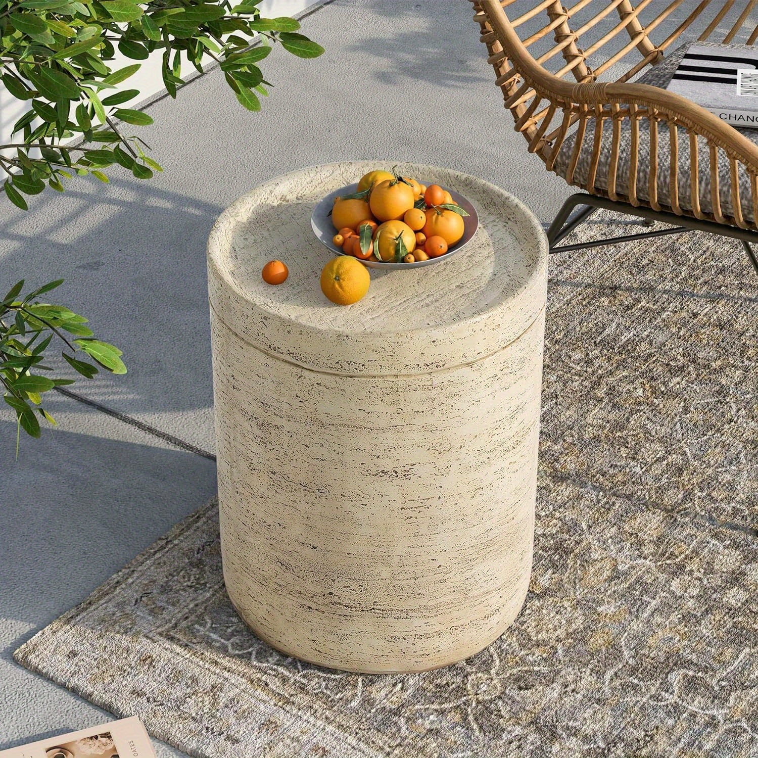 Concrete Side Table, Outdoor Side Table For Patio, 14" Outdoor Accent Table Patio Round Side Table End Table, Ceramic Side Table Garden Stool Log Table, Christmas Holiday Decoration Table