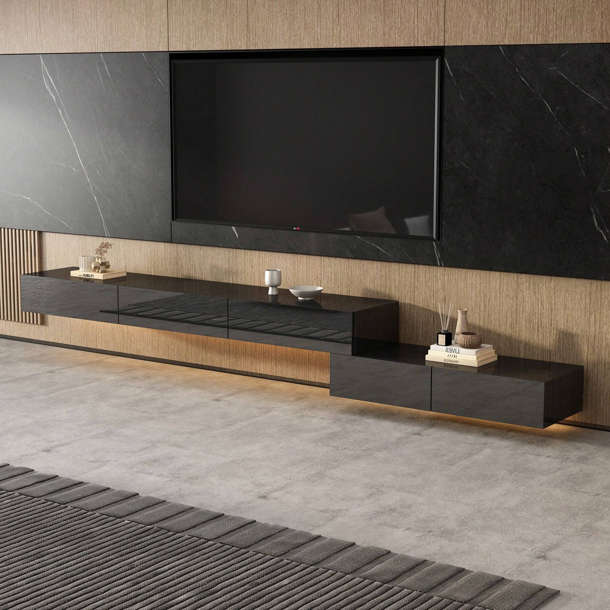 Length & Shape Adjustable Floating LED TV Stand for TVs up to 203cm Wall-Mounted Media Console with 5 Drawers Glossy