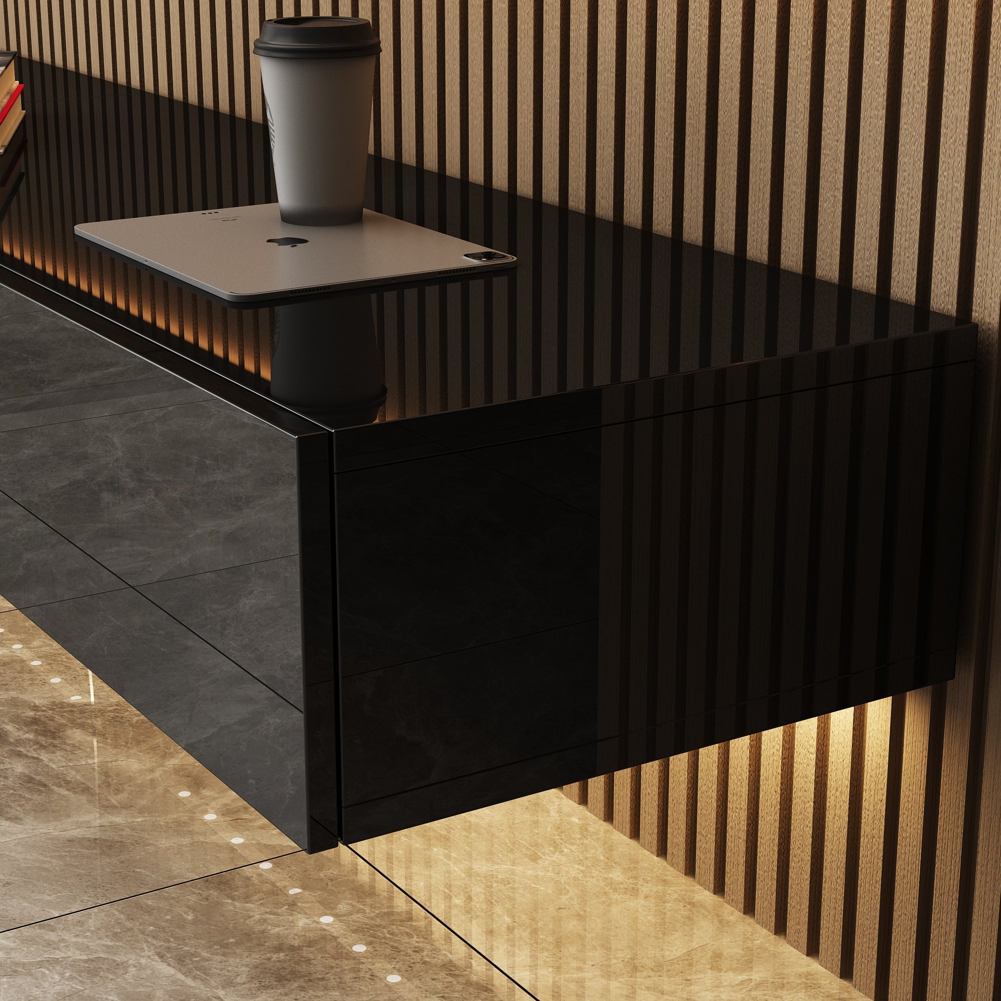 Length & Shape Adjustable Floating LED TV Stand for TVs up to 203cm Wall-Mounted Media Console with 5 Drawers Glossy