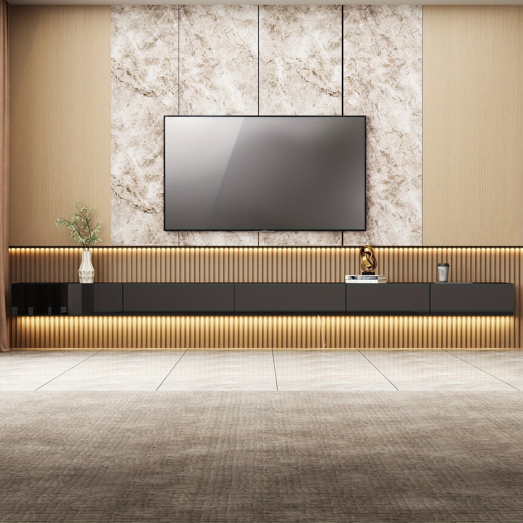 Length & Shape Adjustable Floating LED TV Stand for TVs up to 203cm Wall-Mounted Media Console with 5 Drawers Glossy