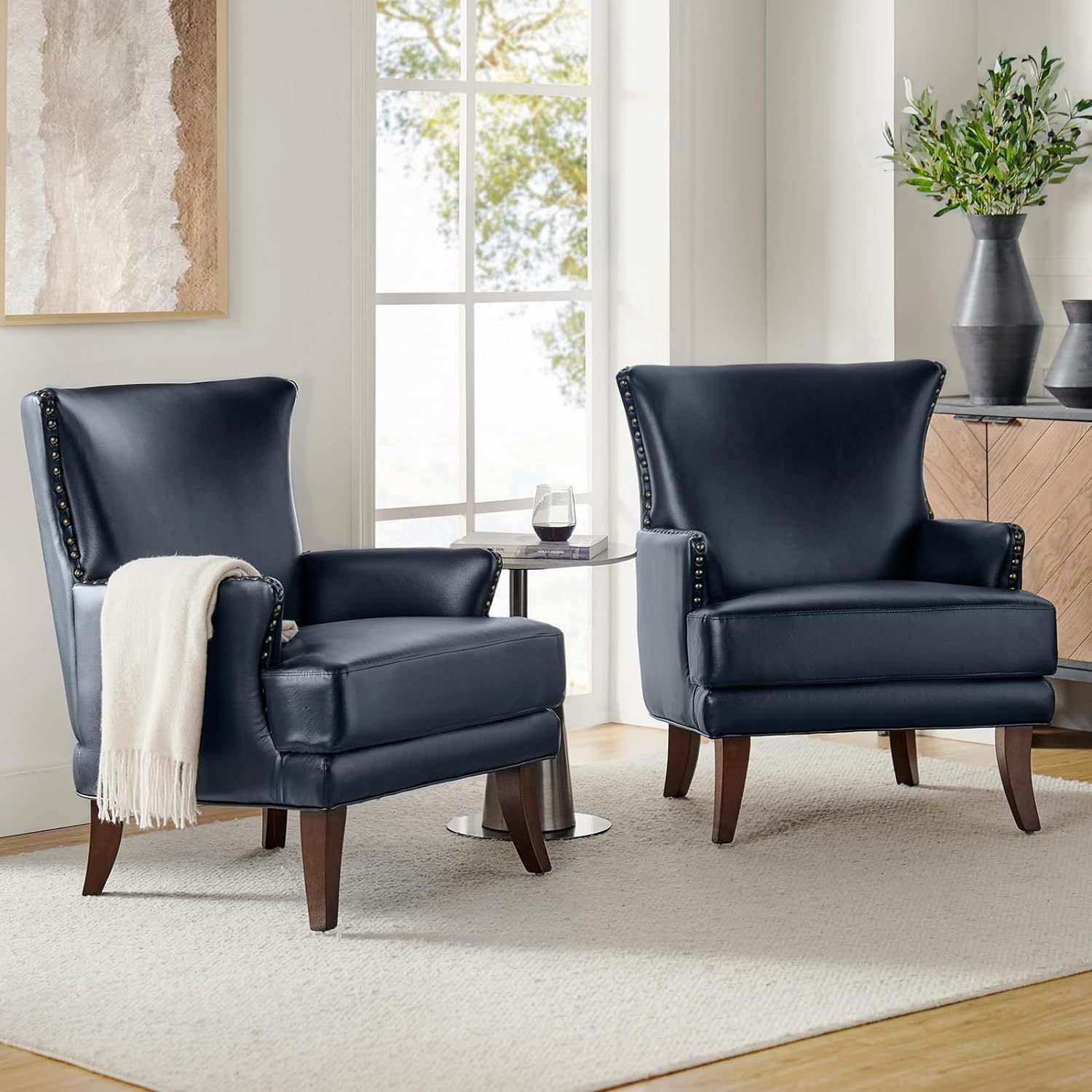 Faux Leather Accent Chair with Arms for Living Room, Modern Leather Single Sofa Armchair with Nailhead Trim, Vegan Leather Wingback Accent Chair Lounge Sofa Chair, Navy