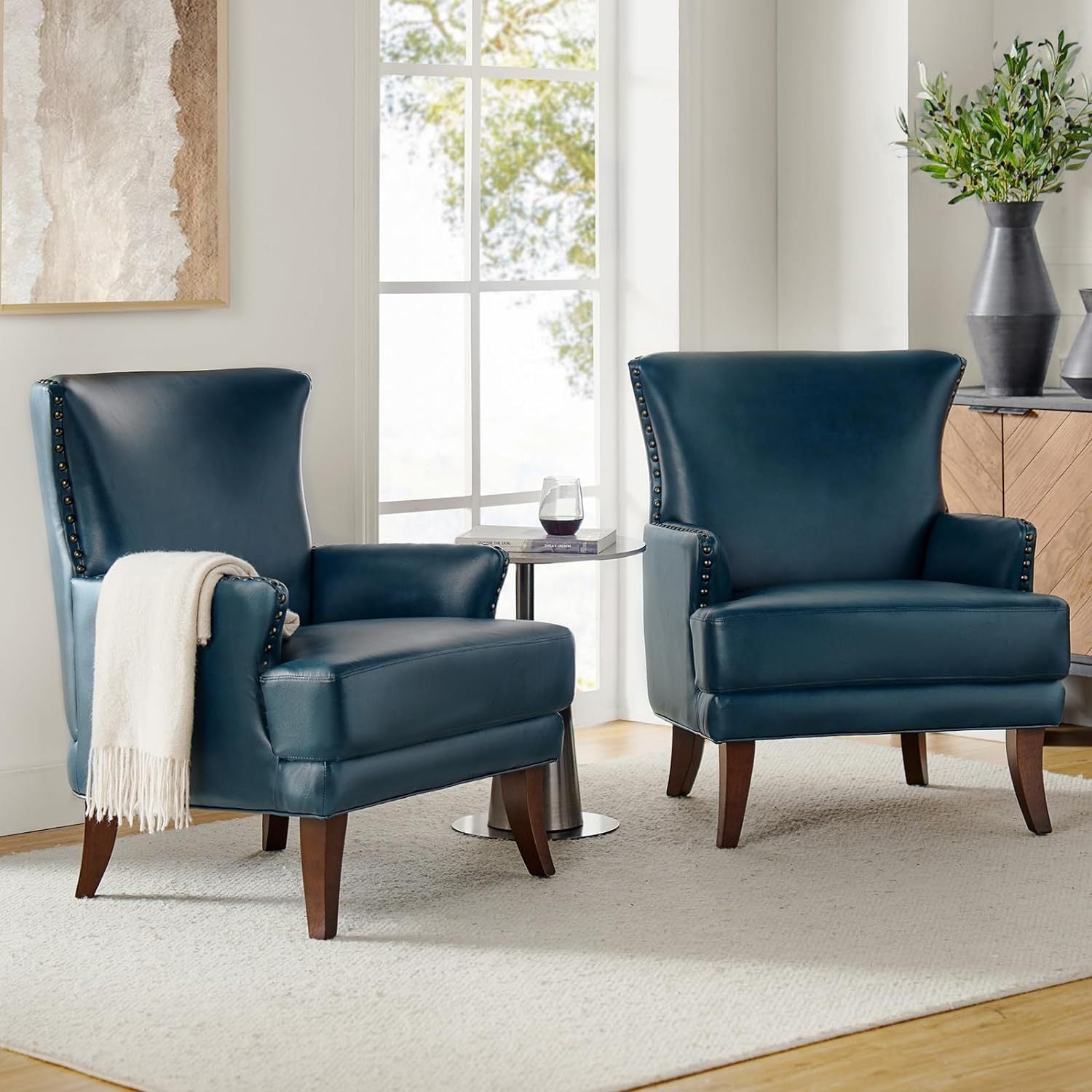 Faux Leather Accent Chair with Arms for Living Room, Modern Leather Single Sofa Armchair with Nailhead Trim, Vegan Leather Wingback Accent Chair Lounge Sofa Chair, Navy