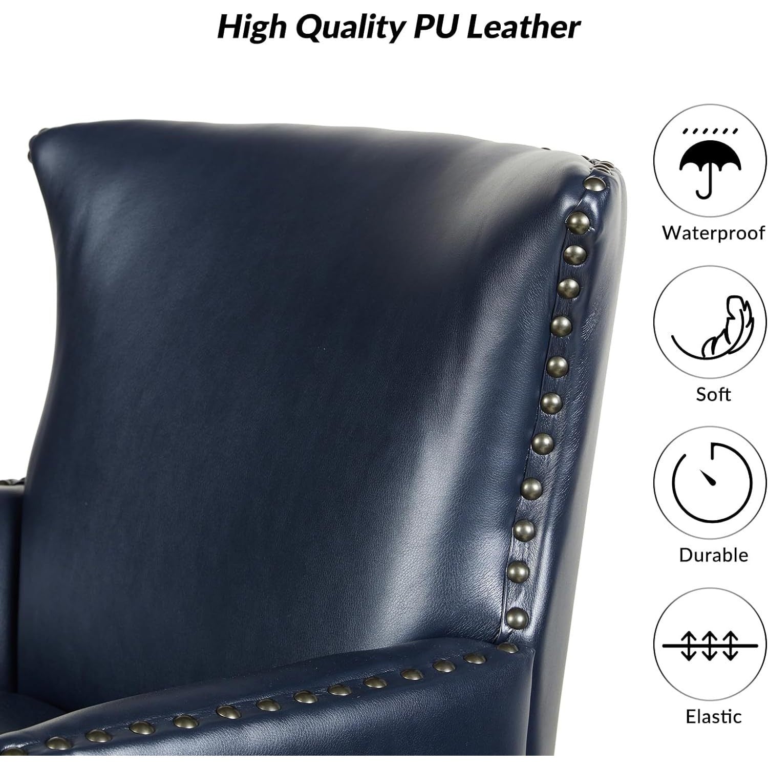 Faux Leather Accent Chair with Arms for Living Room, Modern Leather Single Sofa Armchair with Nailhead Trim, Vegan Leather Wingback Accent Chair Lounge Sofa Chair, Navy