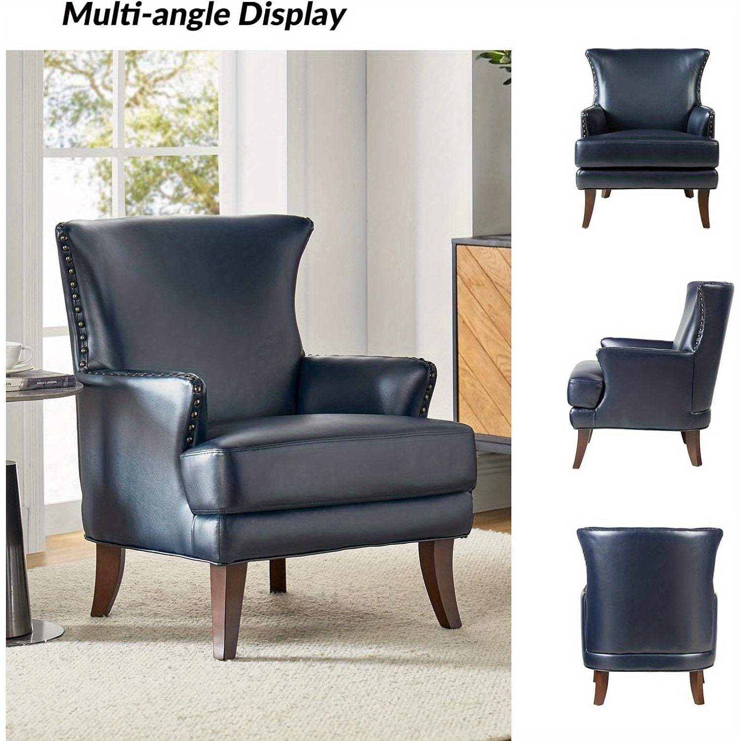 Faux Leather Accent Chair with Arms for Living Room, Modern Leather Single Sofa Armchair with Nailhead Trim, Vegan Leather Wingback Accent Chair Lounge Sofa Chair, Navy