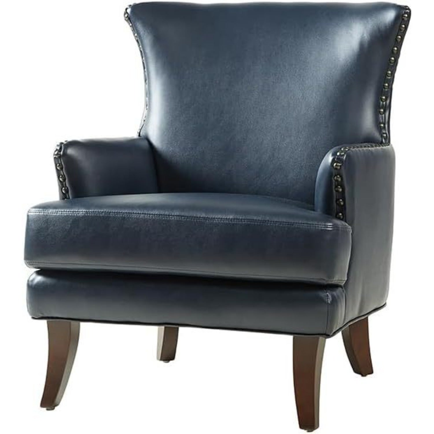 Faux Leather Accent Chair with Arms for Living Room, Modern Leather Single Sofa Armchair with Nailhead Trim, Vegan Leather Wingback Accent Chair Lounge Sofa Chair, Navy