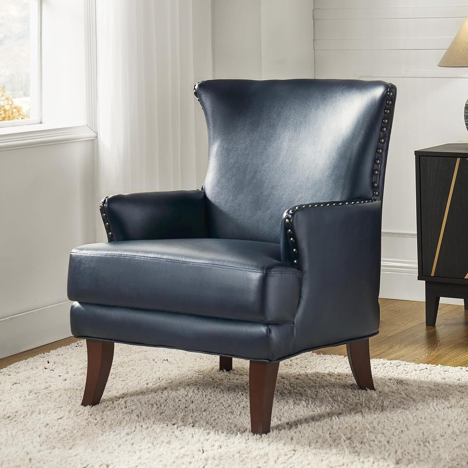 Faux Leather Accent Chair with Arms for Living Room, Modern Leather Single Sofa Armchair with Nailhead Trim, Vegan Leather Wingback Accent Chair Lounge Sofa Chair, Navy