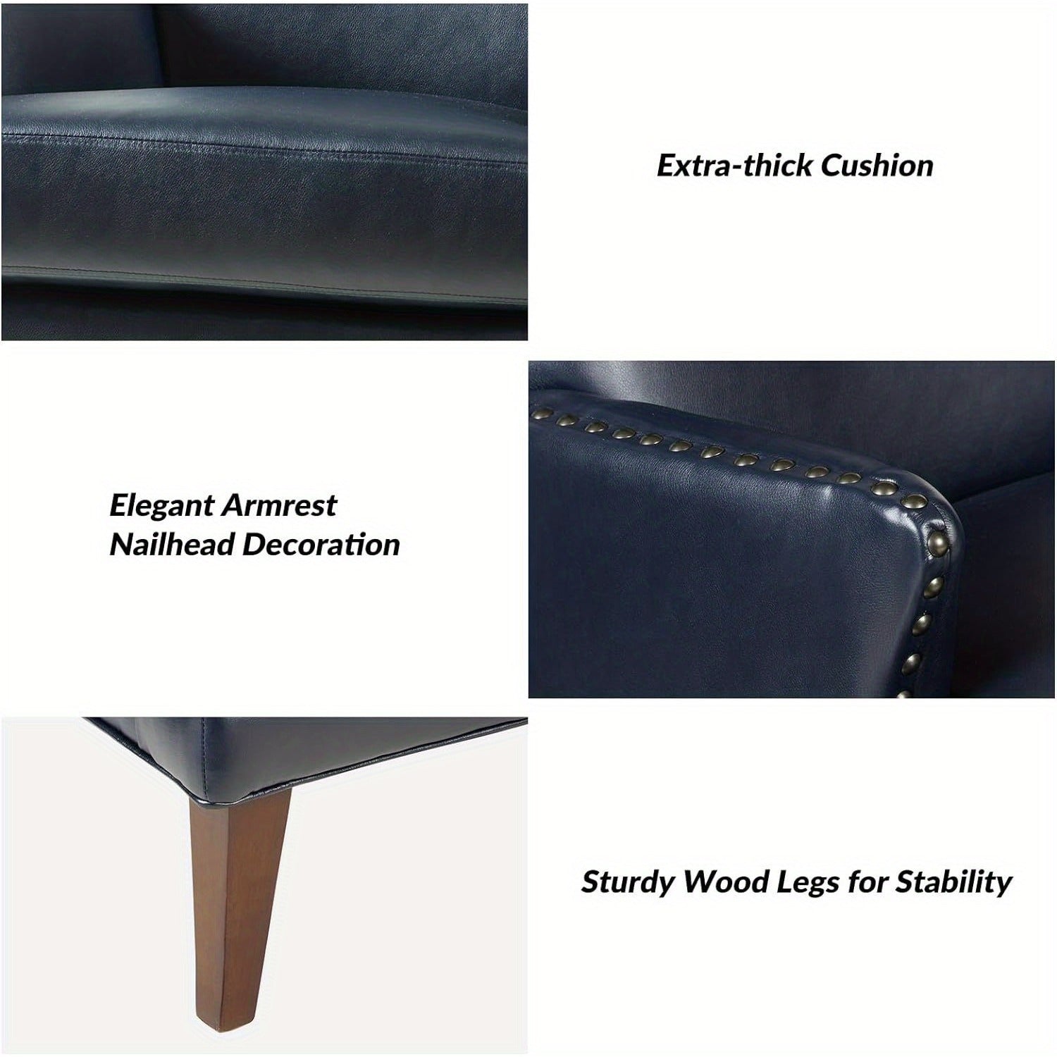 Faux Leather Accent Chair with Arms for Living Room, Modern Leather Single Sofa Armchair with Nailhead Trim, Vegan Leather Wingback Accent Chair Lounge Sofa Chair, Navy