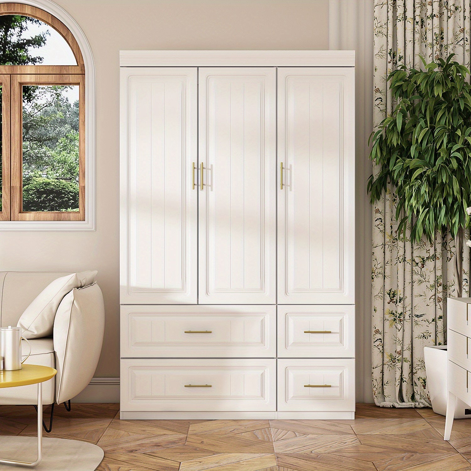 Large Combination Wardrobe with Large Storage Space, Modern Minimalist Style, White Color