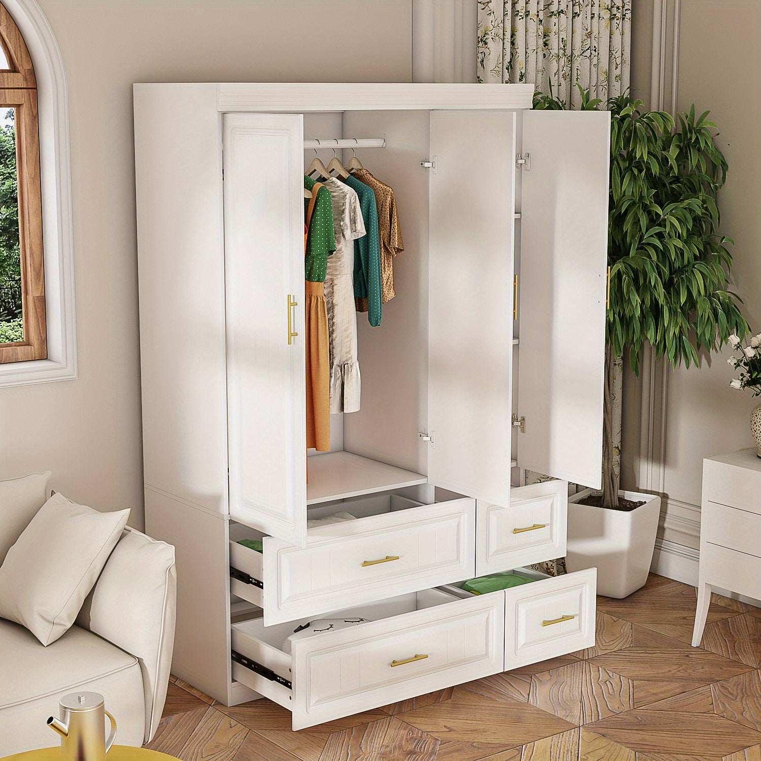 Large Combination Wardrobe with Large Storage Space, Modern Minimalist Style, White Color