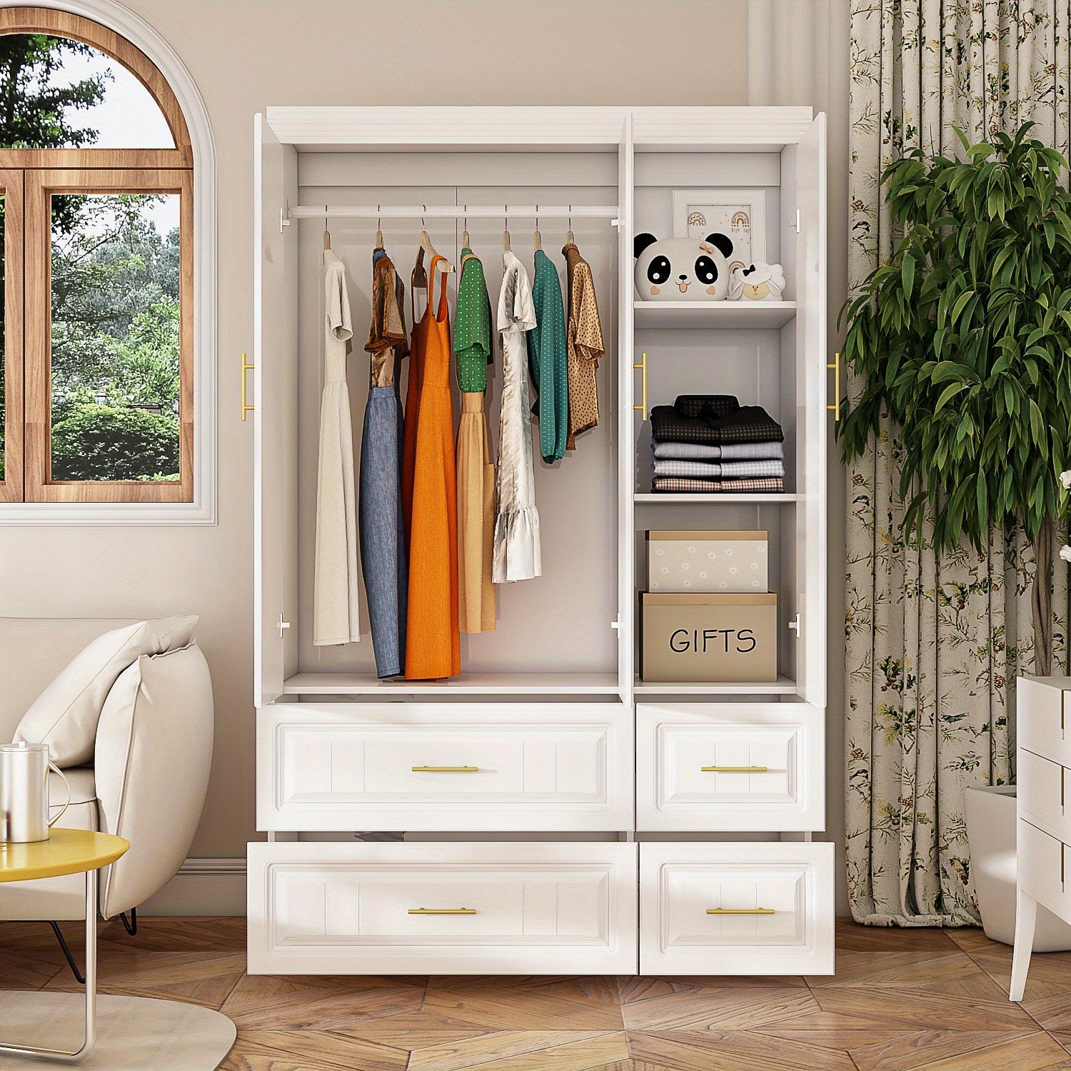 Large Combination Wardrobe with Large Storage Space, Modern Minimalist Style, White Color