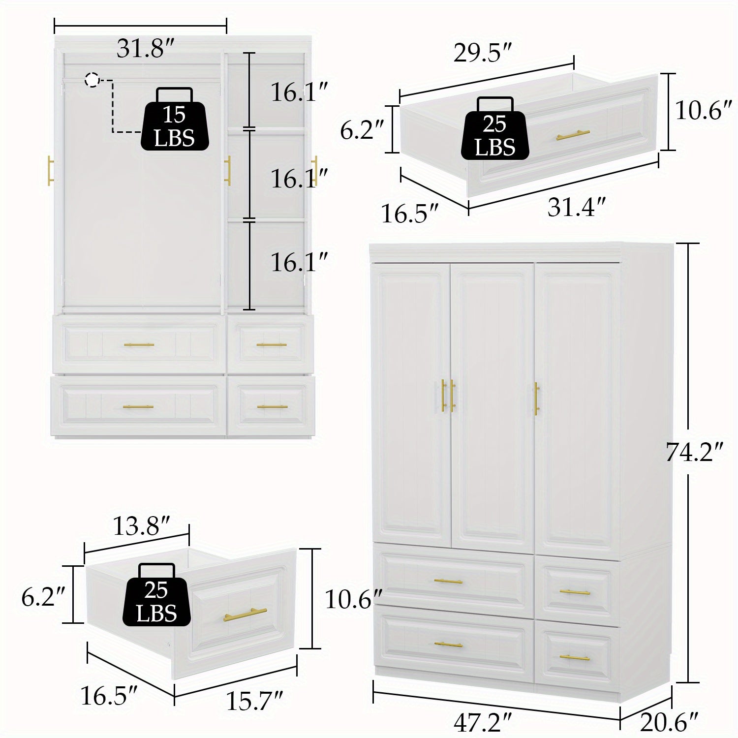 Large Combination Wardrobe with Large Storage Space, Modern Minimalist Style, White Color