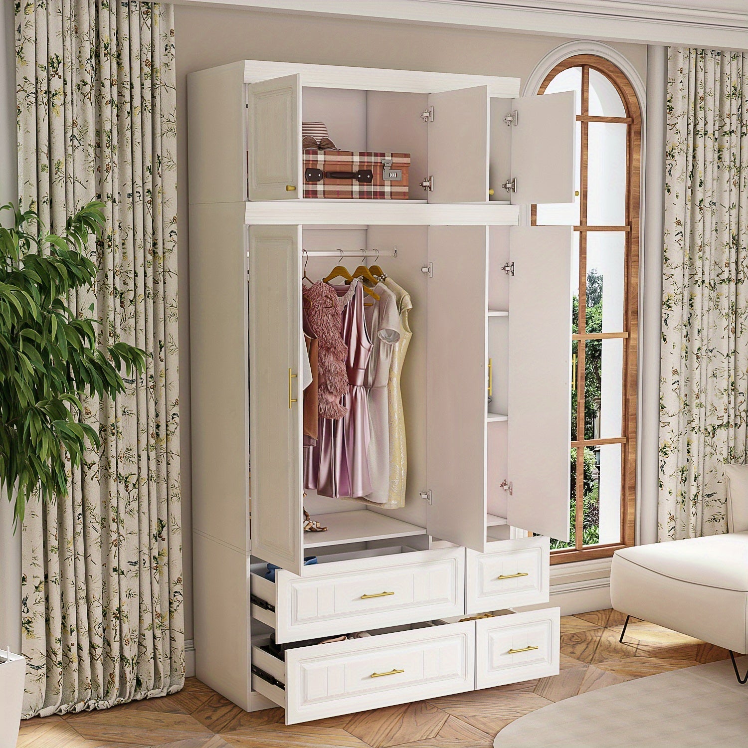 Large Combination Wardrobe with Large Storage Space, Modern Minimalist Style, White Color