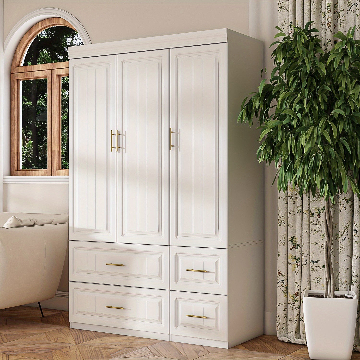 Large Combination Wardrobe with Large Storage Space, Modern Minimalist Style, White Color