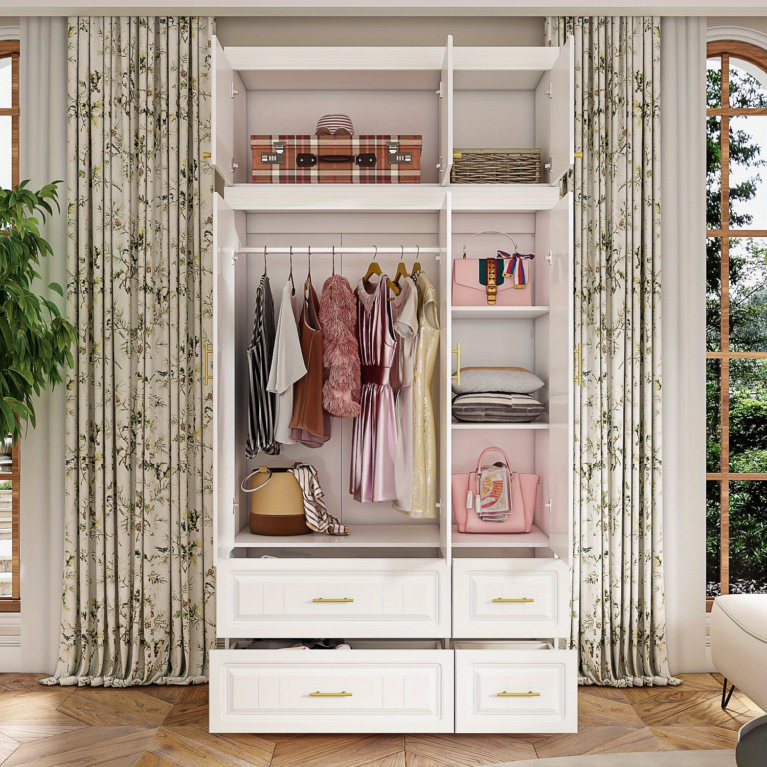 Large Combination Wardrobe with Large Storage Space, Modern Minimalist Style, White Color