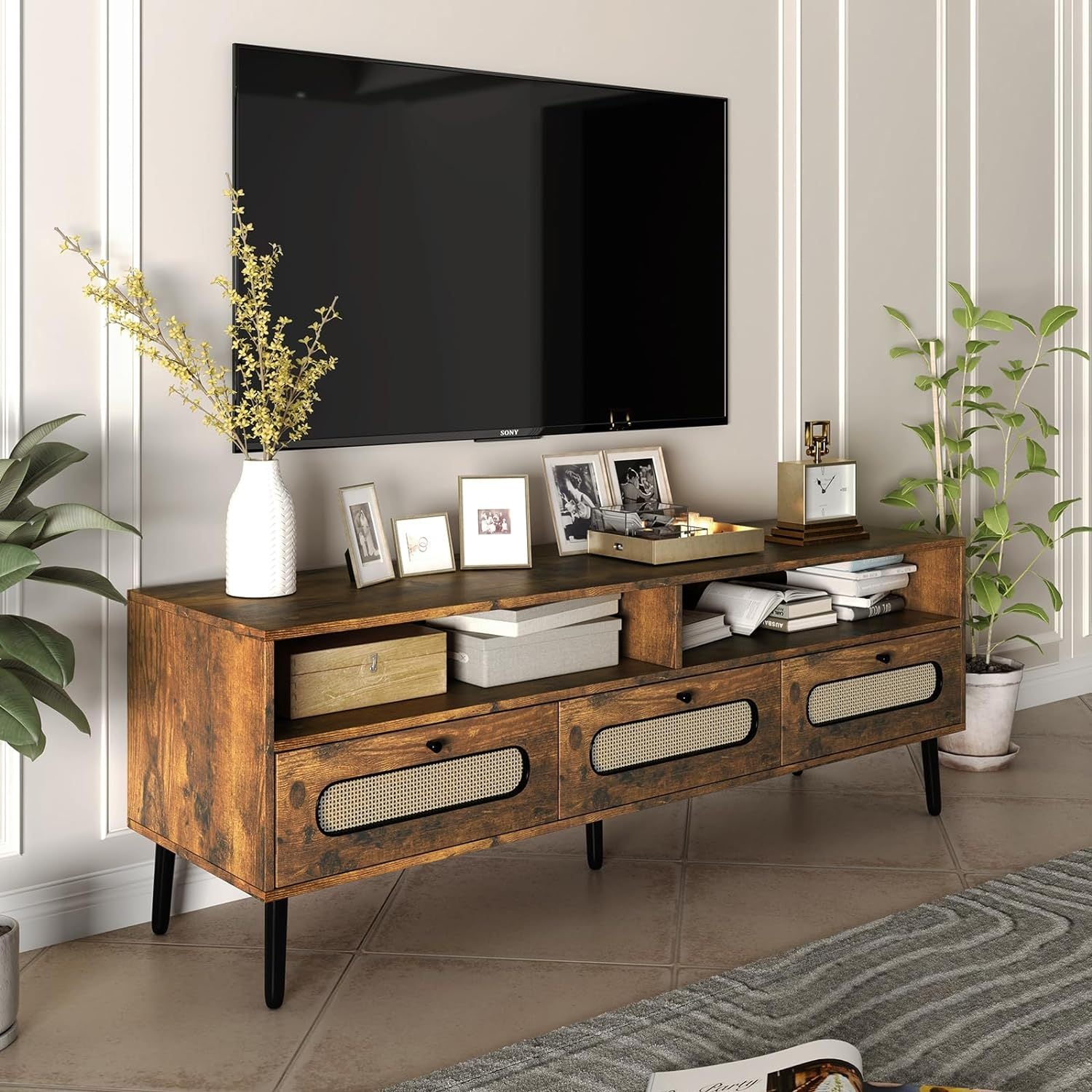 Boho TV Stand for TV up to 65", Entertainment Center with 3 Storage Drawers and Open Compartment, 55" Media Console with Rattan Decorative for Living Room