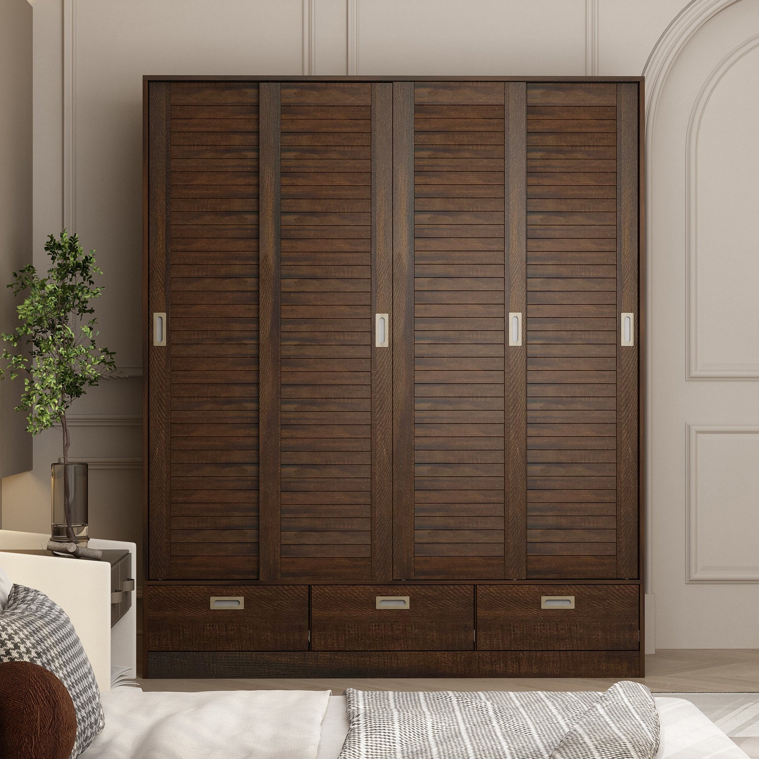 Large Wardrobe Armoire with 4 Sliding Doors, 3 Drawers And Storage Shelves, Wooden Closet Storage Cabinet for Bedroom, Brown, Large storage capacity