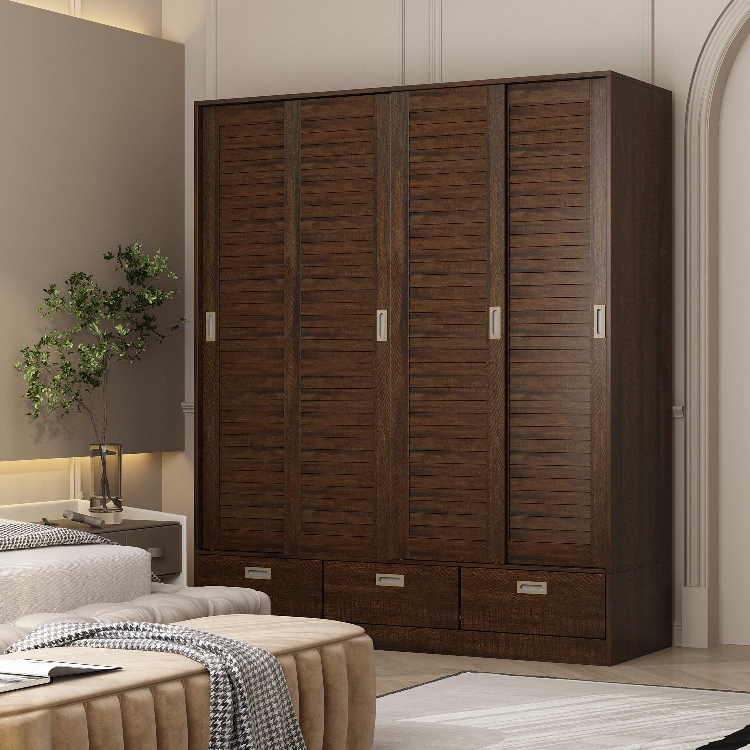 Large Wardrobe Armoire with 4 Sliding Doors, 3 Drawers And Storage Shelves, Wooden Closet Storage Cabinet for Bedroom, Brown, Large storage capacity