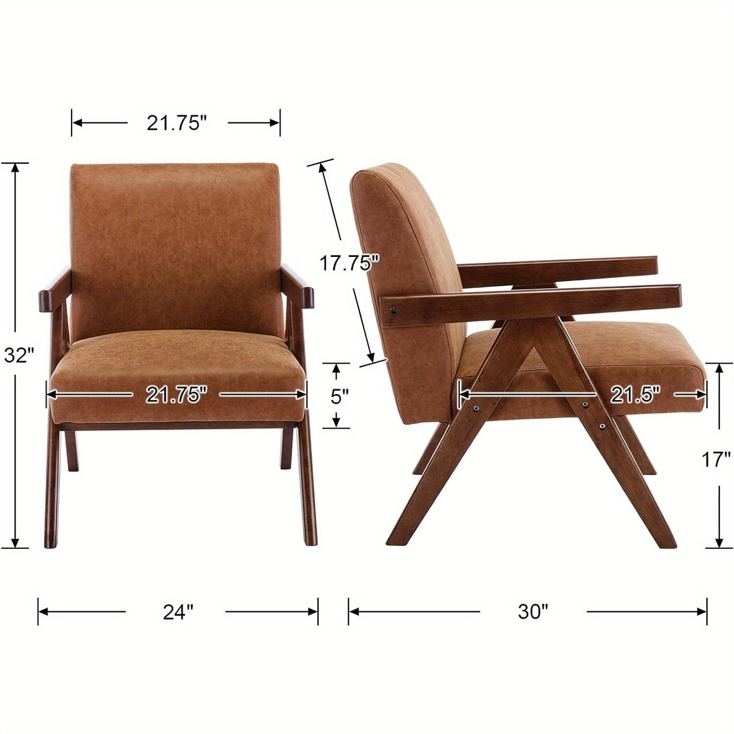 1 Pc Leather Accent Chairs for Living Room Comfy Wooden Reading Chair with Soft Upholstered Seat and Sturdy Armrests Mid Century Modern Accent Sofa Chair for Living Room/Bedroom/Reception