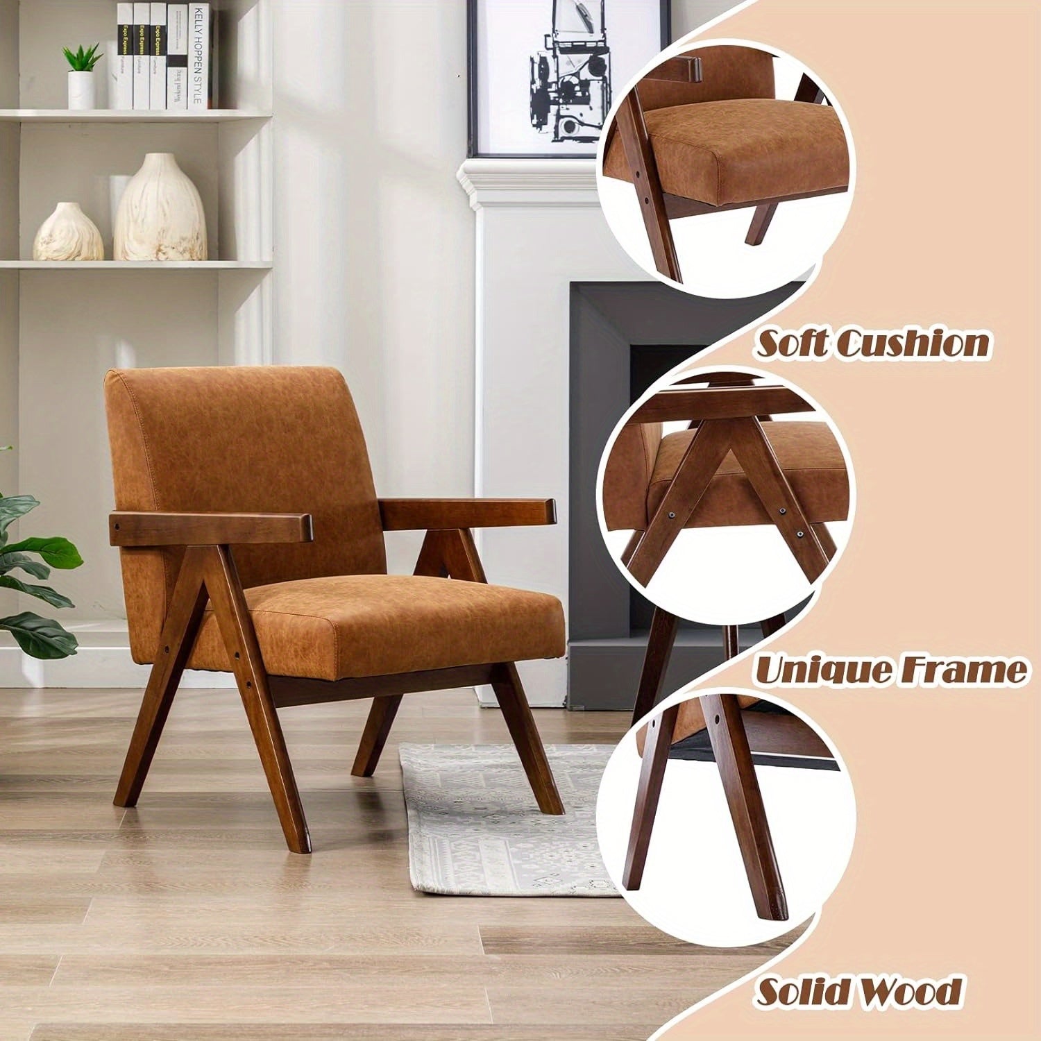 1 Pc Leather Accent Chairs for Living Room Comfy Wooden Reading Chair with Soft Upholstered Seat and Sturdy Armrests Mid Century Modern Accent Sofa Chair for Living Room/Bedroom/Reception