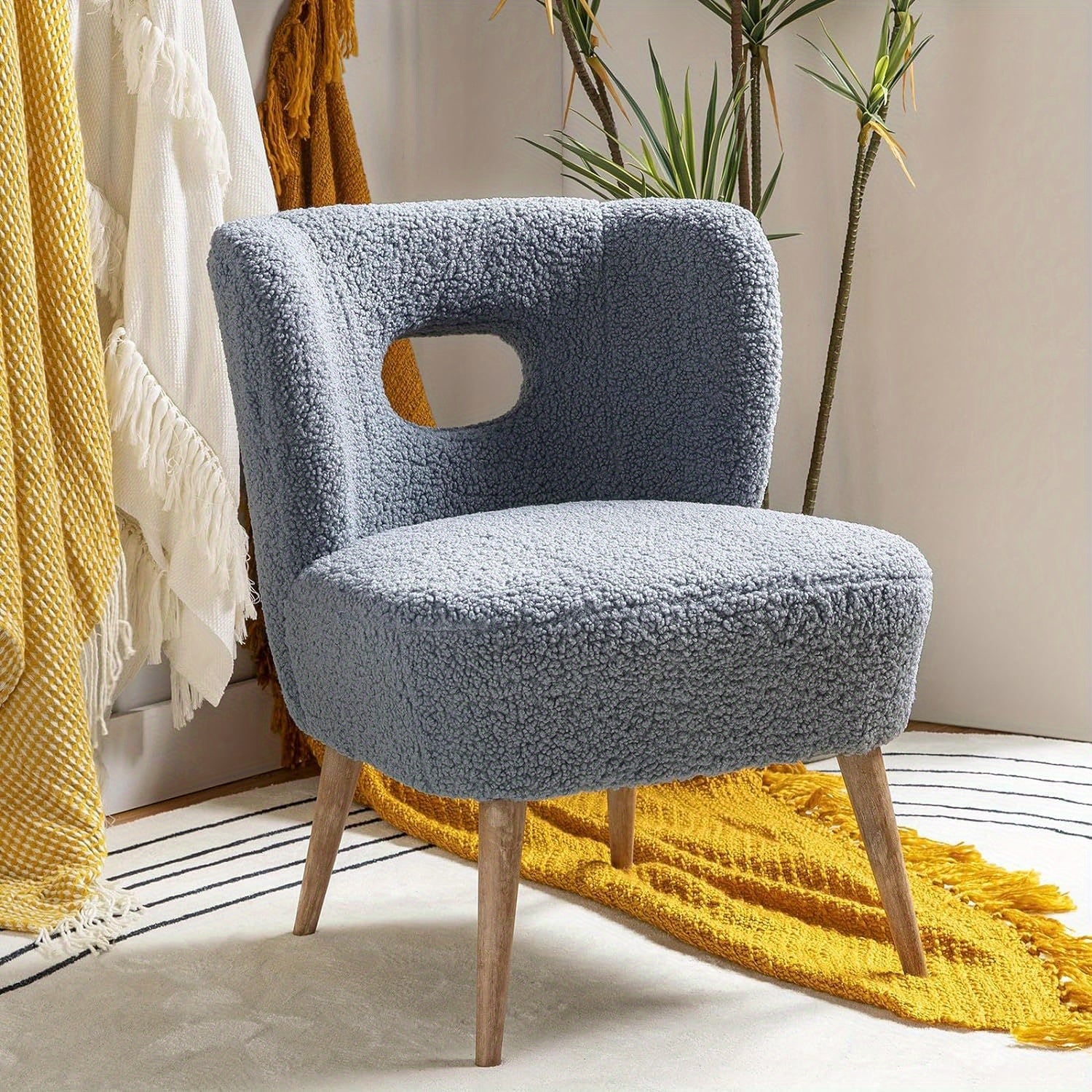 Modern Sherpa Accent Chair with Open Back & Wooden Legs, Upholstered Lamb Fleece Armless Slipper Chair, Comfy Faux Fur Cute Vanity Chair for Living Room Bedroom Office Makeup Room, SAGE