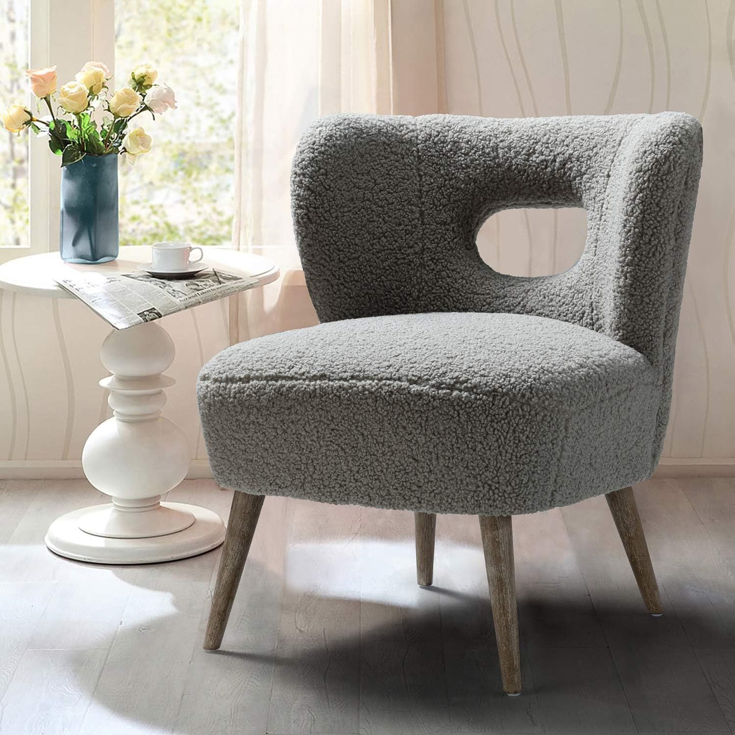 Modern Sherpa Accent Chair with Open Back & Wooden Legs, Upholstered Lamb Fleece Armless Slipper Chair, Comfy Faux Fur Cute Vanity Chair for Living Room Bedroom Office Makeup Room, SAGE