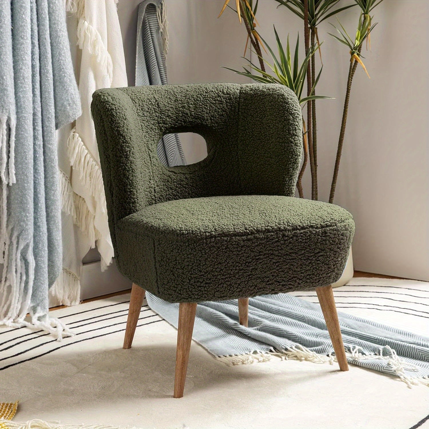 Modern Sherpa Accent Chair with Open Back & Wooden Legs, Upholstered Lamb Fleece Armless Slipper Chair, Comfy Faux Fur Cute Vanity Chair for Living Room Bedroom Office Makeup Room, SAGE