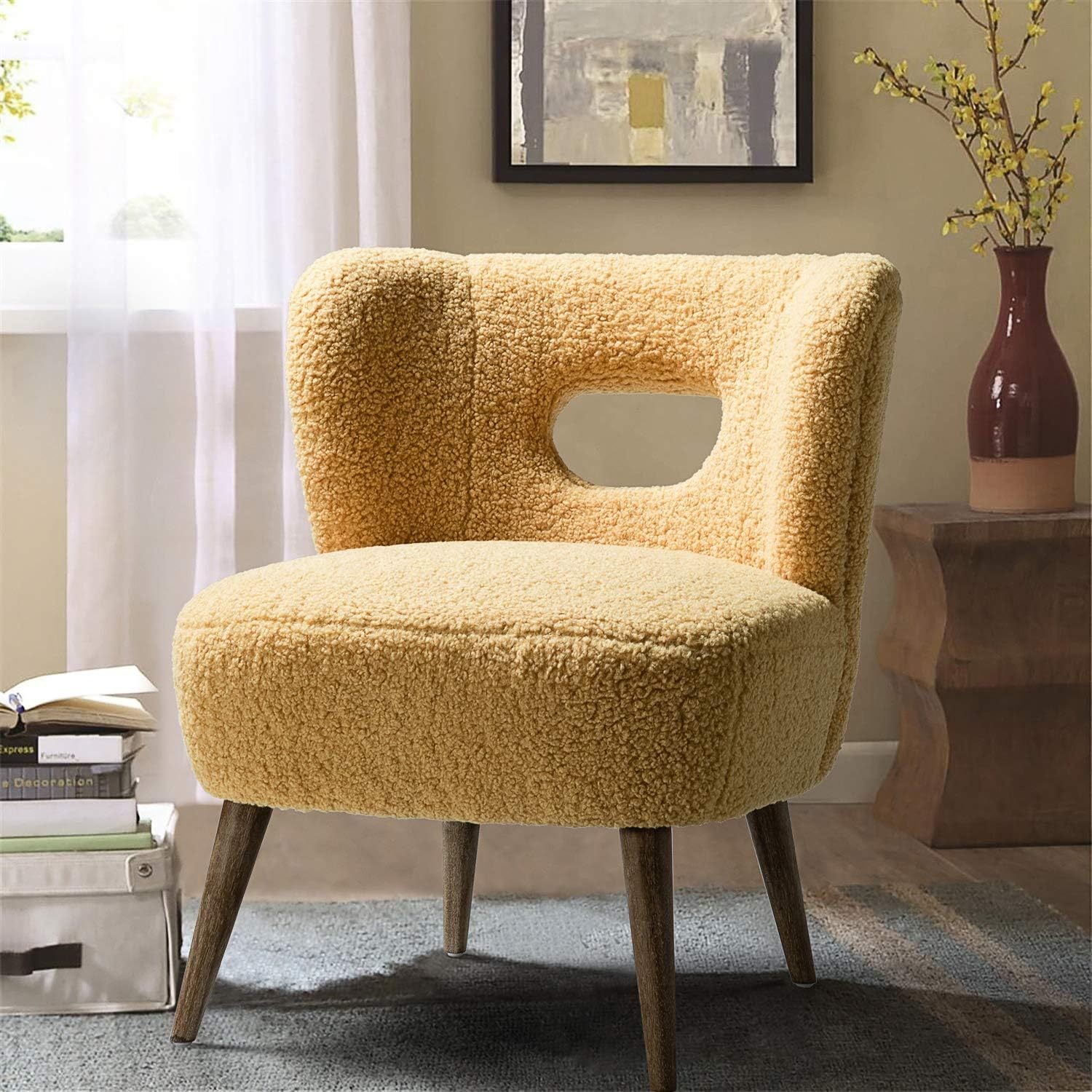 Modern Sherpa Accent Chair with Open Back & Wooden Legs, Upholstered Lamb Fleece Armless Slipper Chair, Comfy Faux Fur Cute Vanity Chair for Living Room Bedroom Office Makeup Room, SAGE