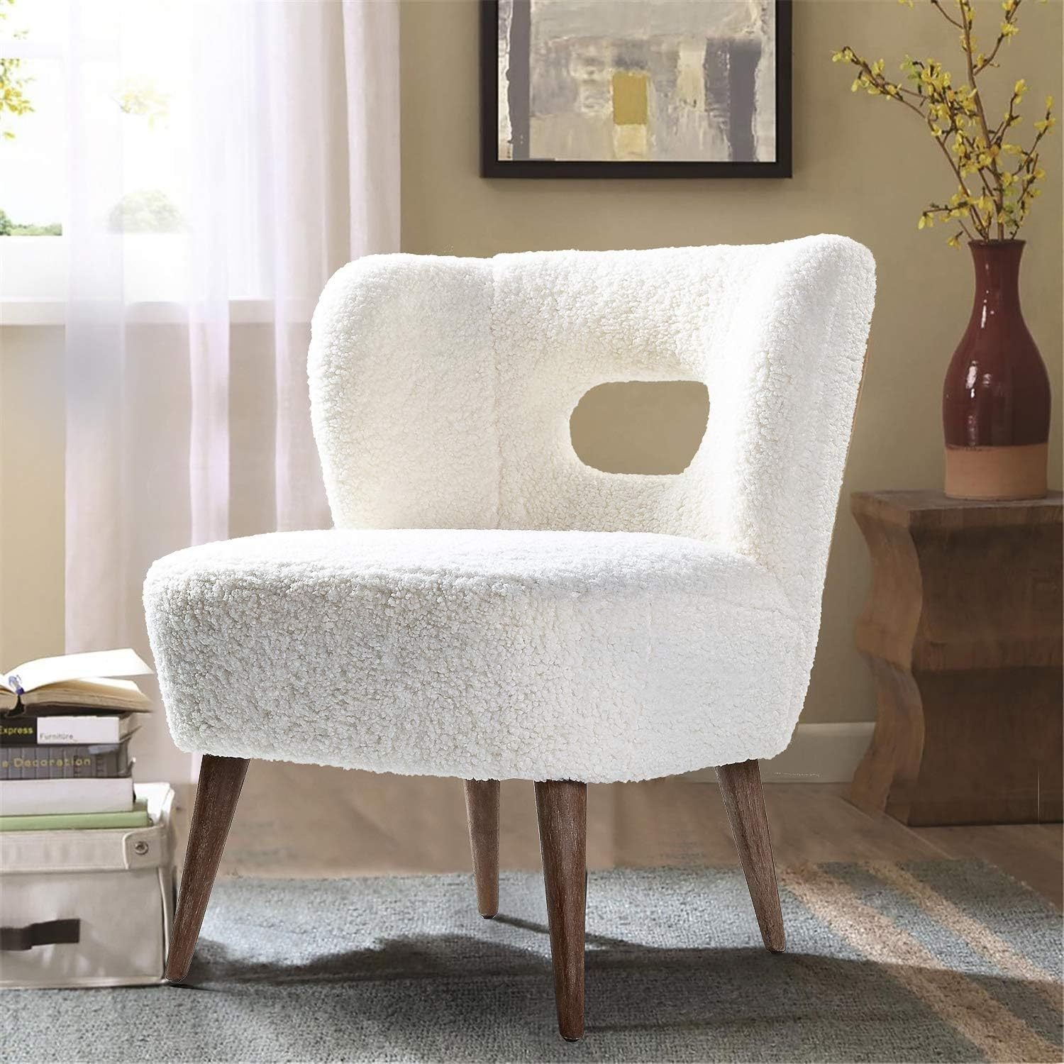 Modern Sherpa Accent Chair with Open Back & Wooden Legs, Upholstered Lamb Fleece Armless Slipper Chair, Comfy Faux Fur Cute Vanity Chair for Living Room Bedroom Office Makeup Room, SAGE