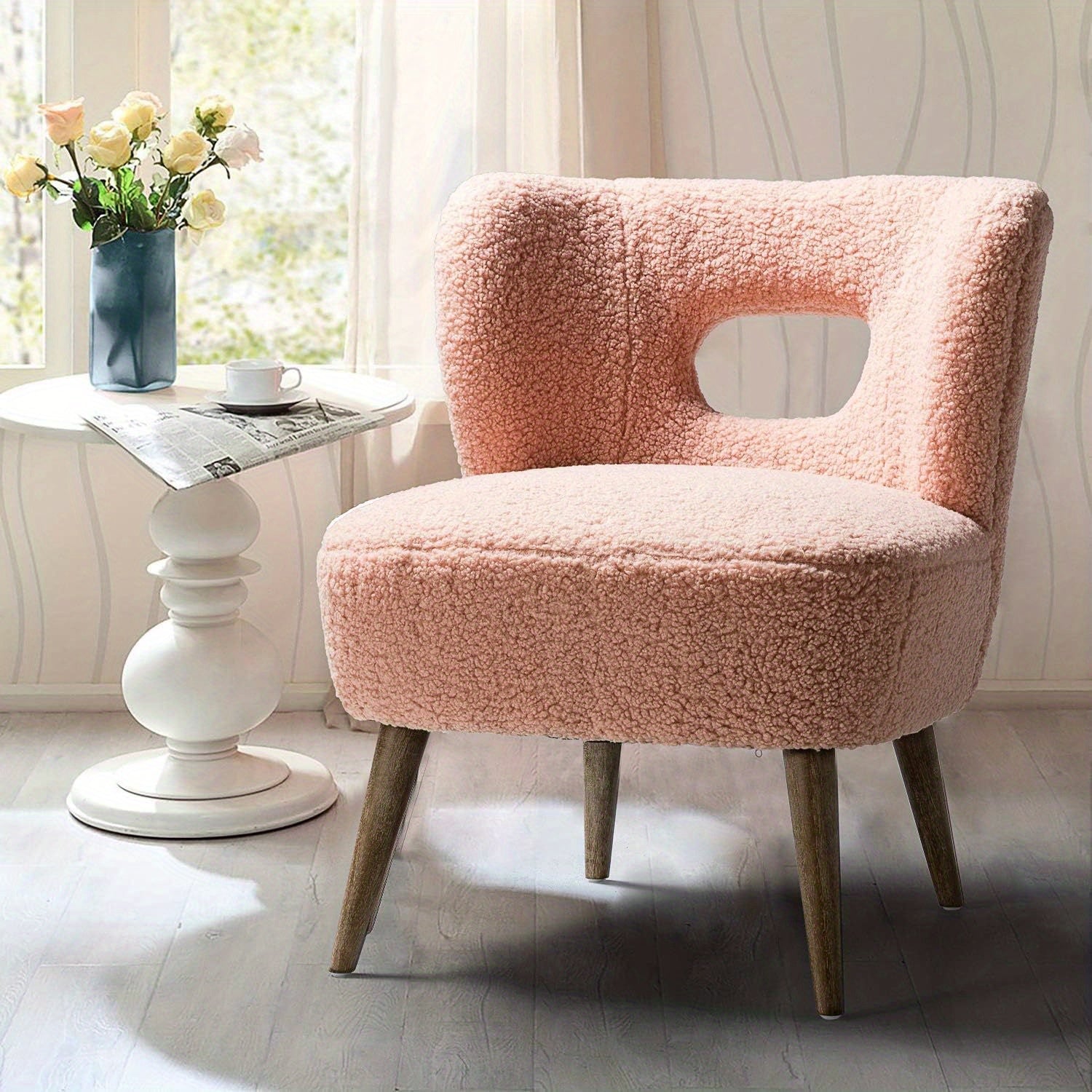 Modern Sherpa Accent Chair with Open Back & Wooden Legs, Upholstered Lamb Fleece Armless Slipper Chair, Comfy Faux Fur Cute Vanity Chair for Living Room Bedroom Office Makeup Room, SAGE