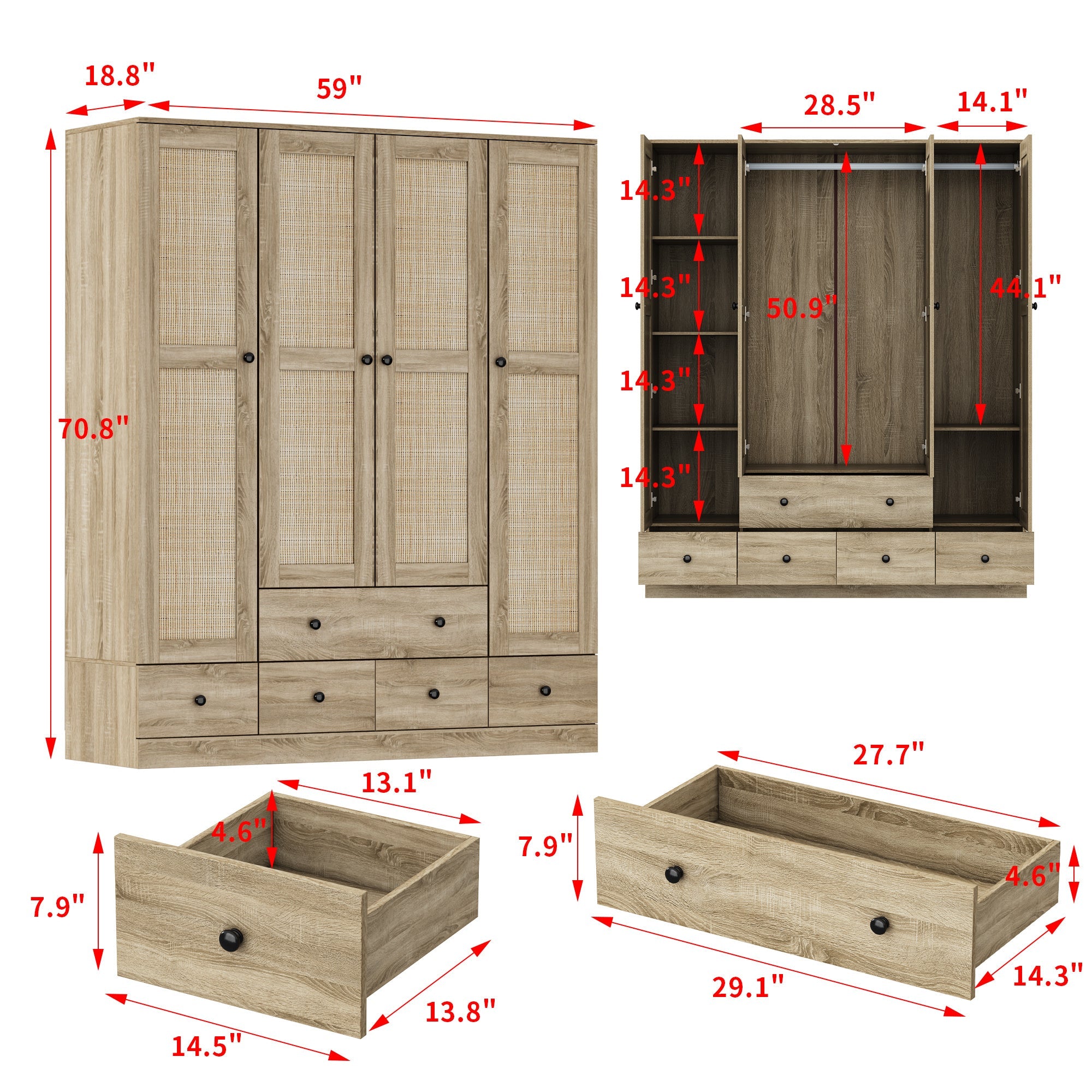 Wooden wardrobe with 4 cabinet doors, 5 drawers, checkered storage area and hanging area, wicker door design, wardrobe with 2 clothes poles