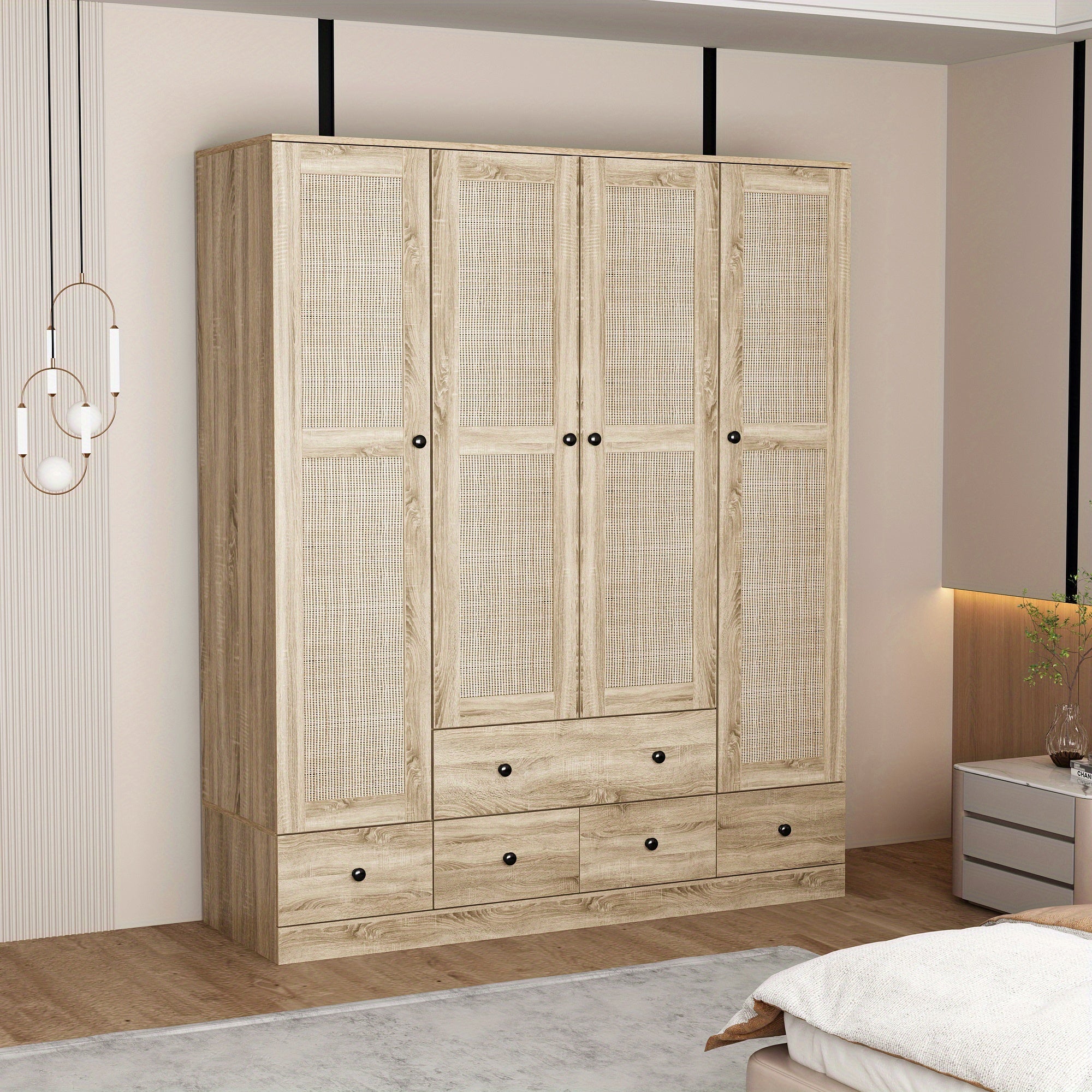 Wooden wardrobe with 4 cabinet doors, 5 drawers, checkered storage area and hanging area, wicker door design, wardrobe with 2 clothes poles