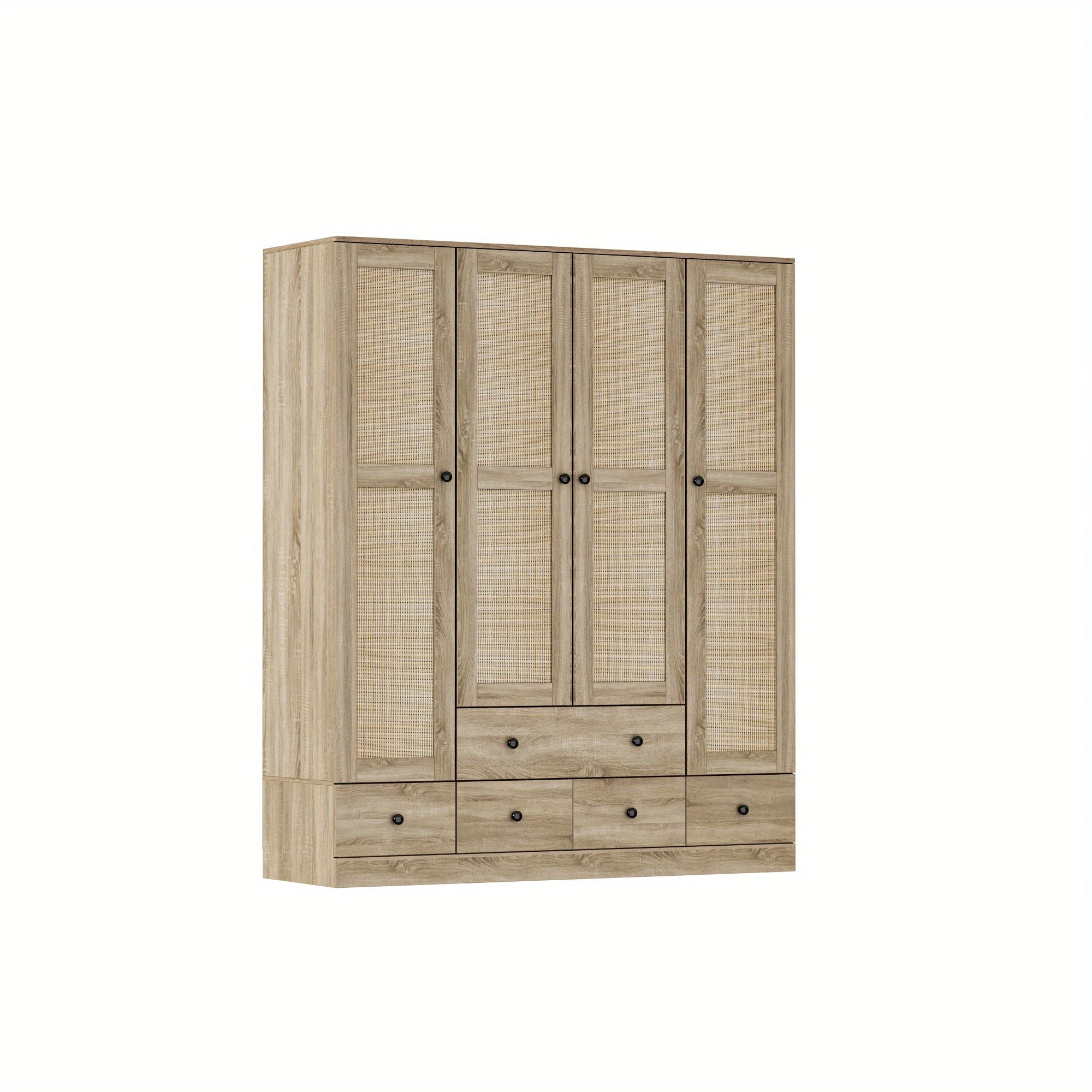 Wooden wardrobe with 4 cabinet doors, 5 drawers, checkered storage area and hanging area, wicker door design, wardrobe with 2 clothes poles