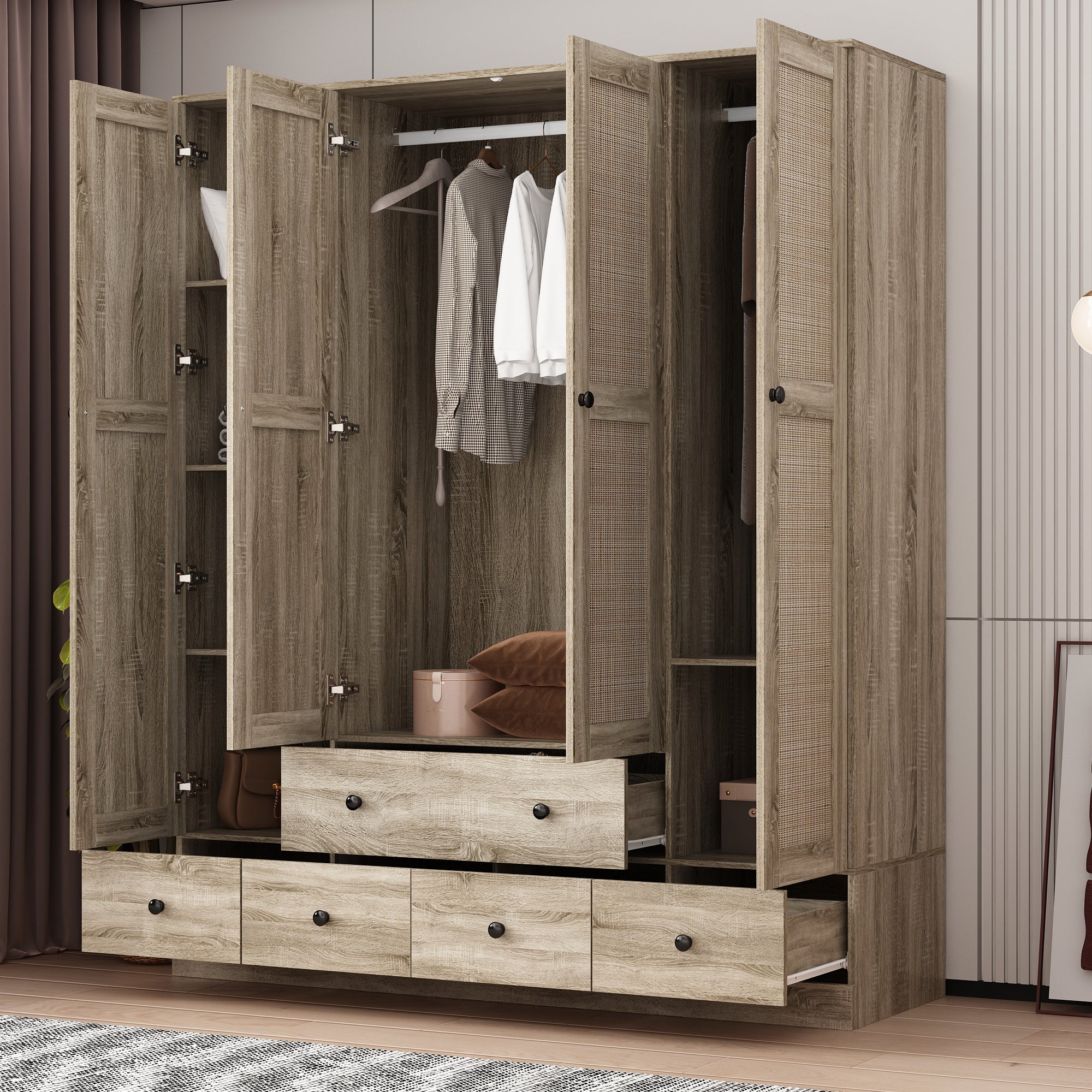 Wooden wardrobe with 4 cabinet doors, 5 drawers, checkered storage area and hanging area, wicker door design, wardrobe with 2 clothes poles