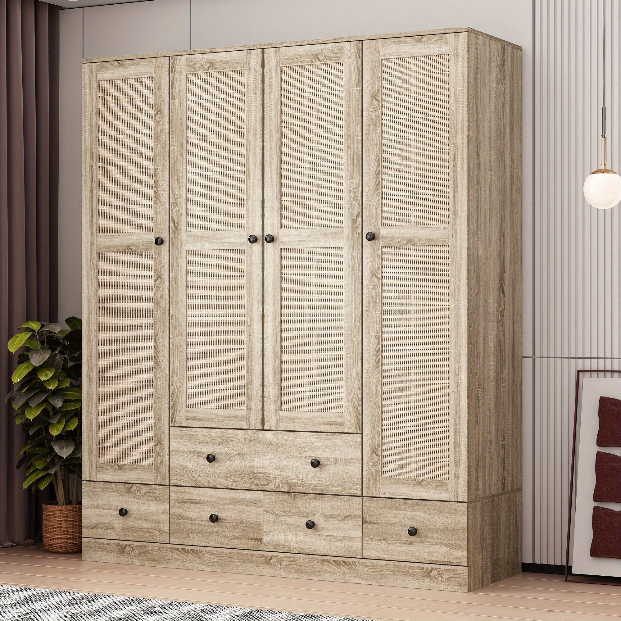 Wooden wardrobe with 4 cabinet doors, 5 drawers, checkered storage area and hanging area, wicker door design, wardrobe with 2 clothes poles