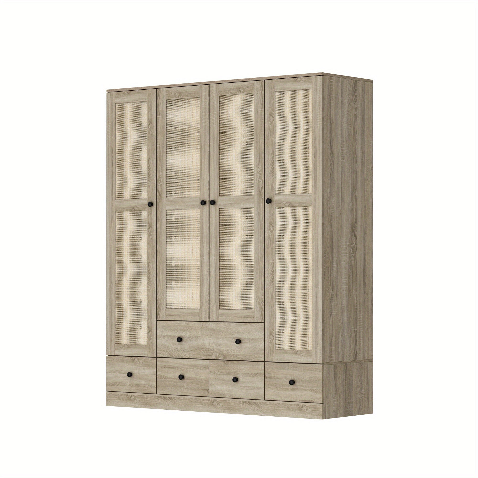 Wooden wardrobe with 4 cabinet doors, 5 drawers, checkered storage area and hanging area, wicker door design, wardrobe with 2 clothes poles