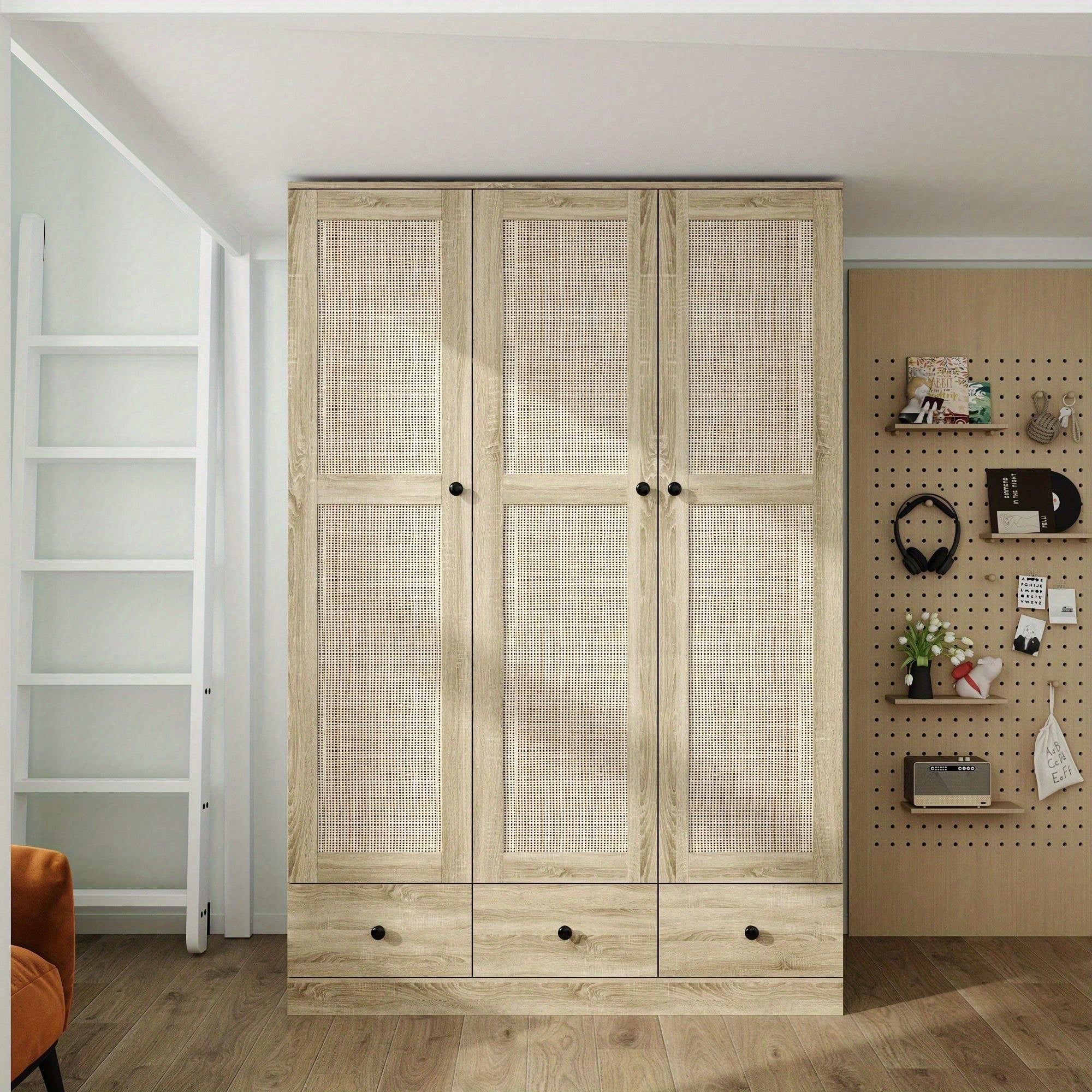 Rattan Wardrobe Closet Featuring 3 Doors, 3 Drawers, and Accented Organization for Clothing Storage