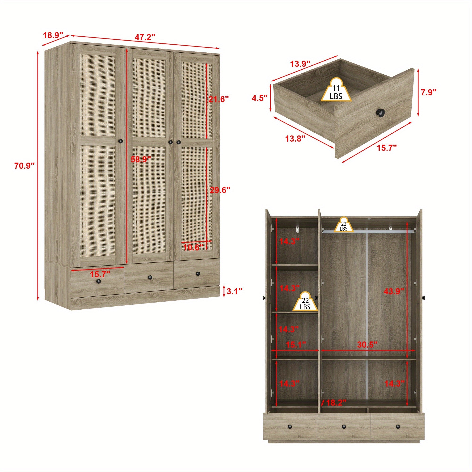 Rattan Wardrobe Closet Featuring 3 Doors, 3 Drawers, and Accented Organization for Clothing Storage